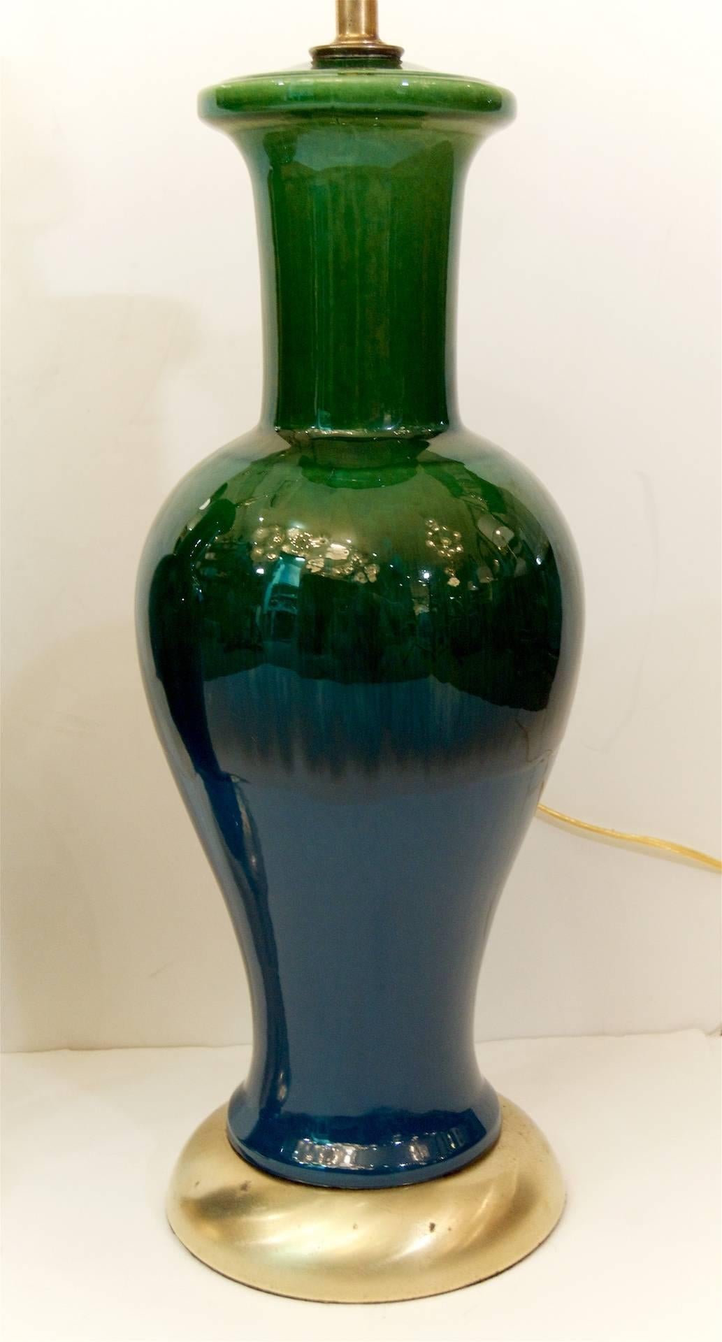 American Pair of Blue and Green Glazed Table Lamps
