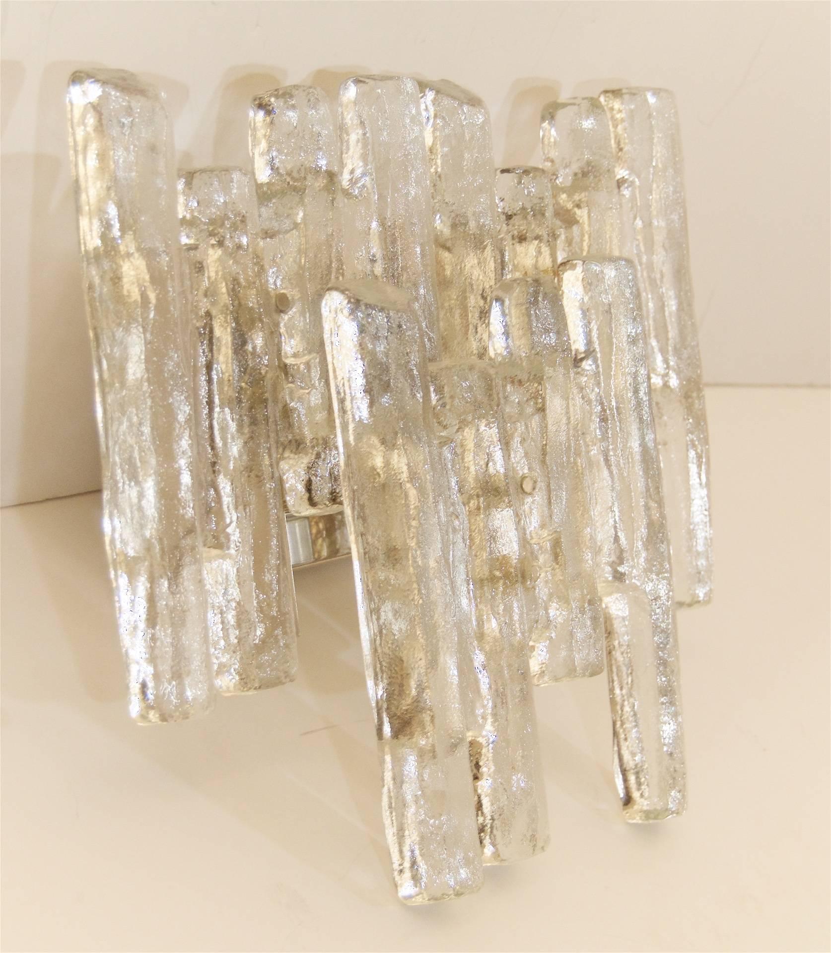 Pair of Grand Scale Kalmar Ice Glass Vanity Sconces In Excellent Condition For Sale In Stamford, CT