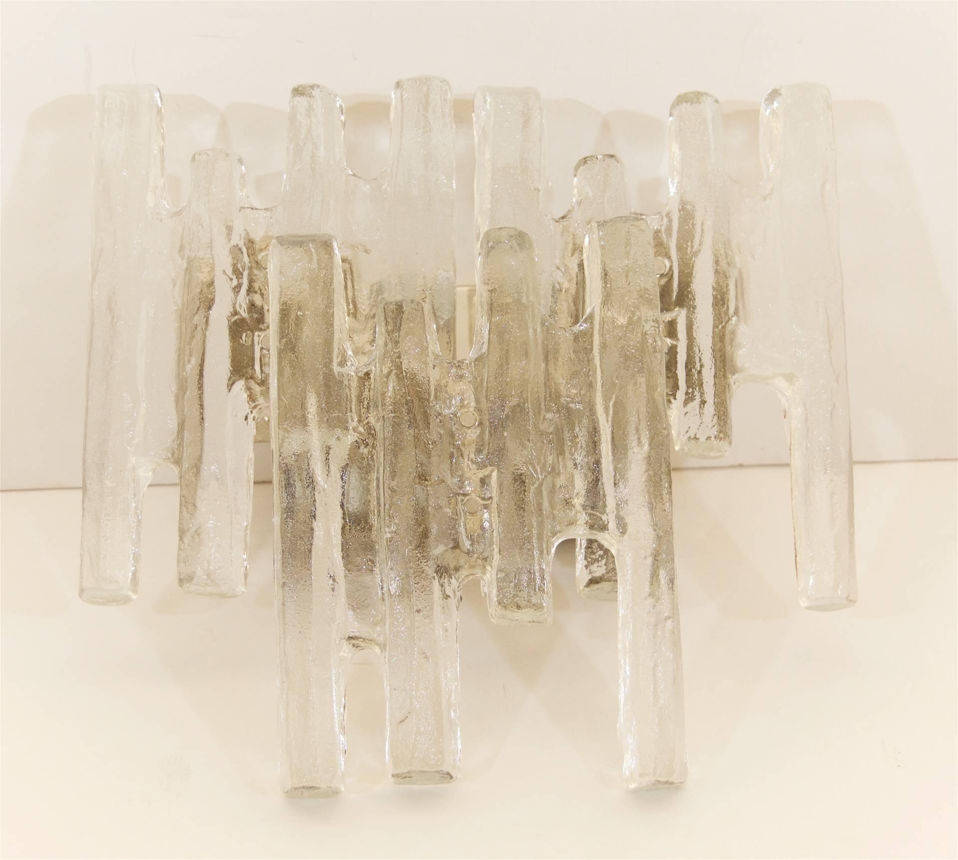 Mid-Century Modern Pair of Grand Scale Kalmar Ice Glass Vanity Sconces For Sale