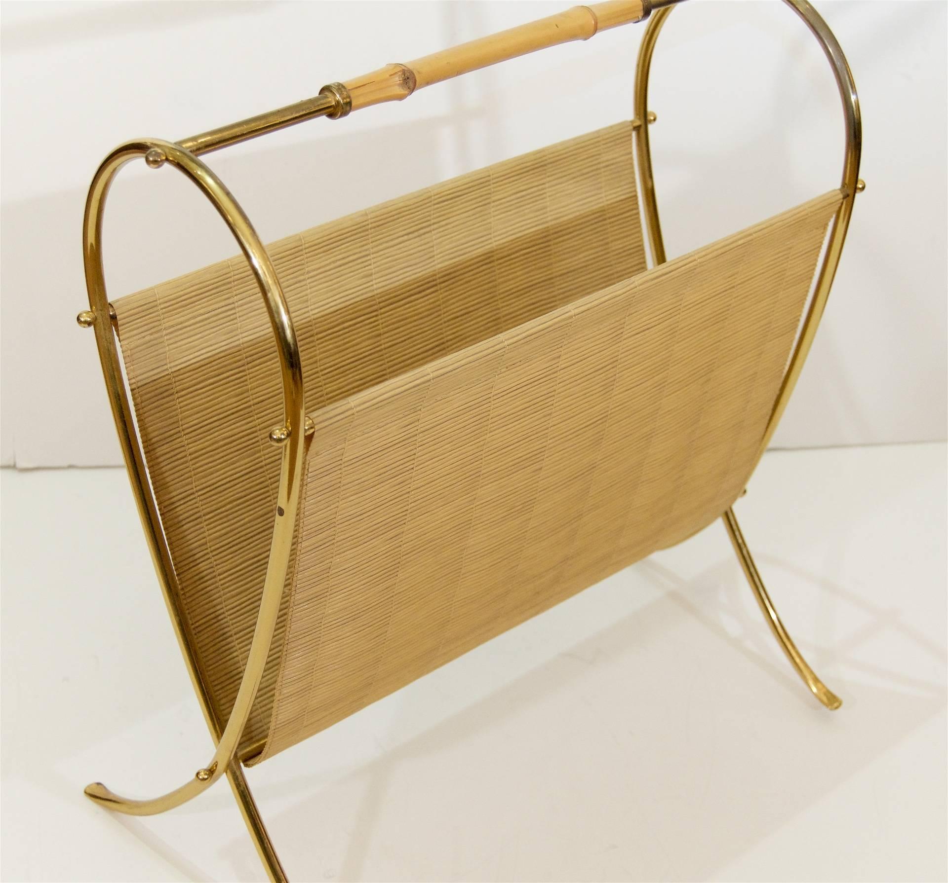 Brass and Bamboo Magazine Rack In Excellent Condition In Stamford, CT