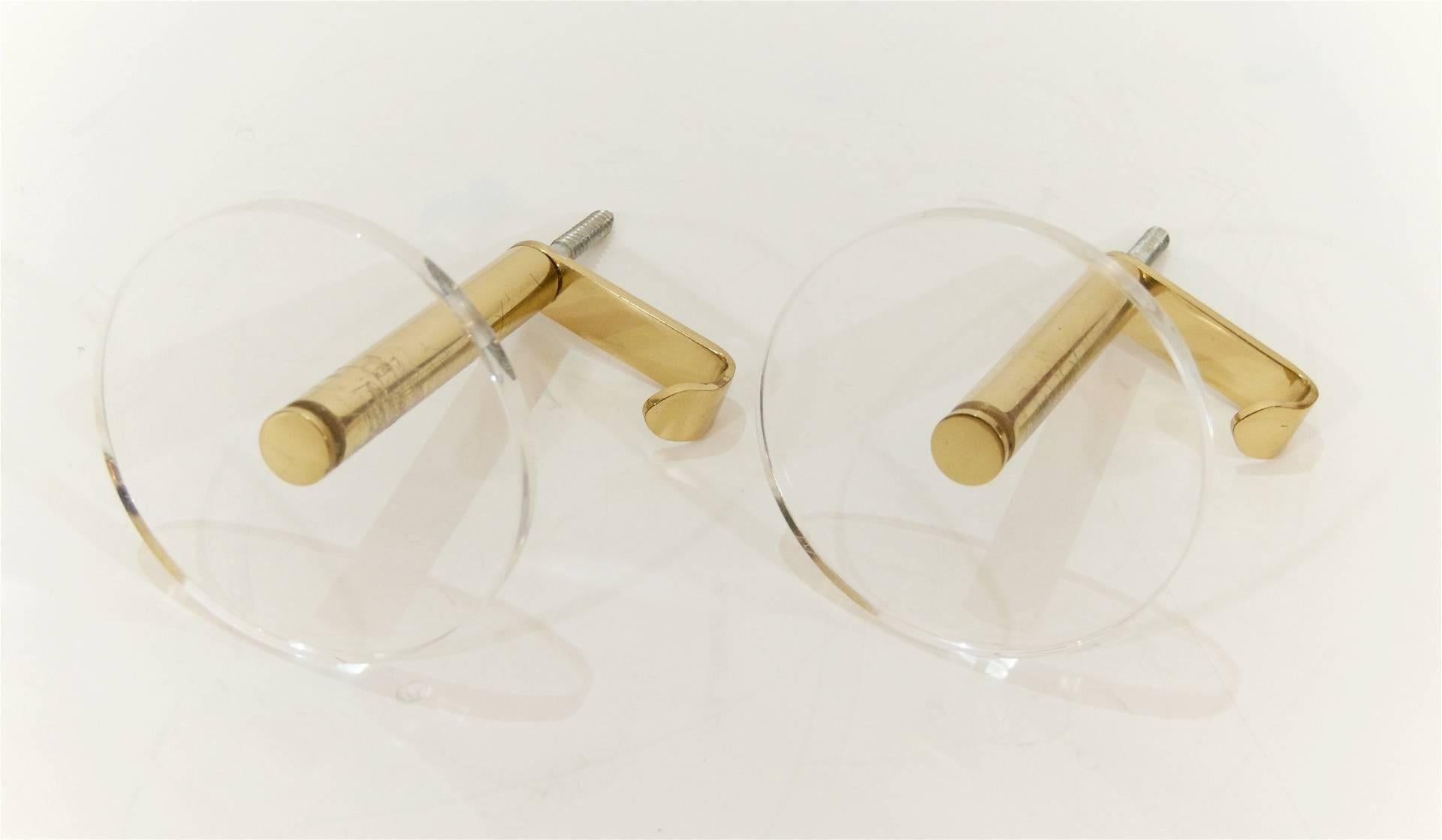 Mid-Century Modern Pair of Brass and Lucite Coat Hooks