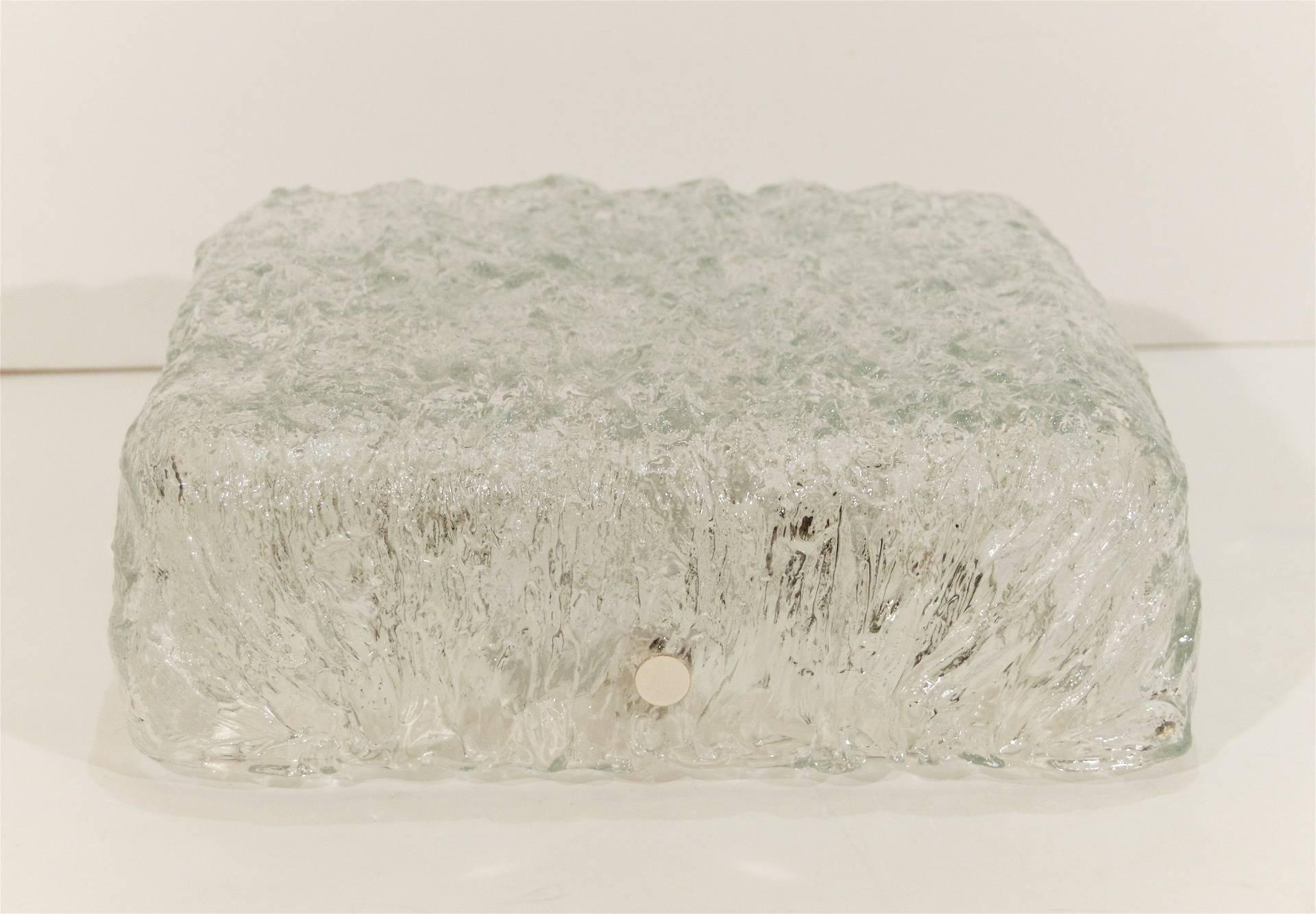 Mid-Century Modern Square Kaiser Heavily Textured Ice Glass Flush Mount