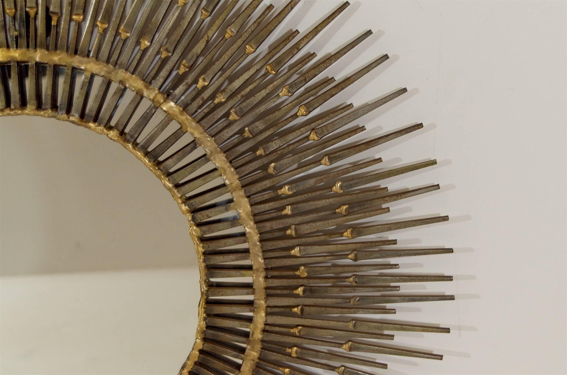 Curtis Jere Gilded Steel Sunburst Nail Mirror In Excellent Condition In Stamford, CT
