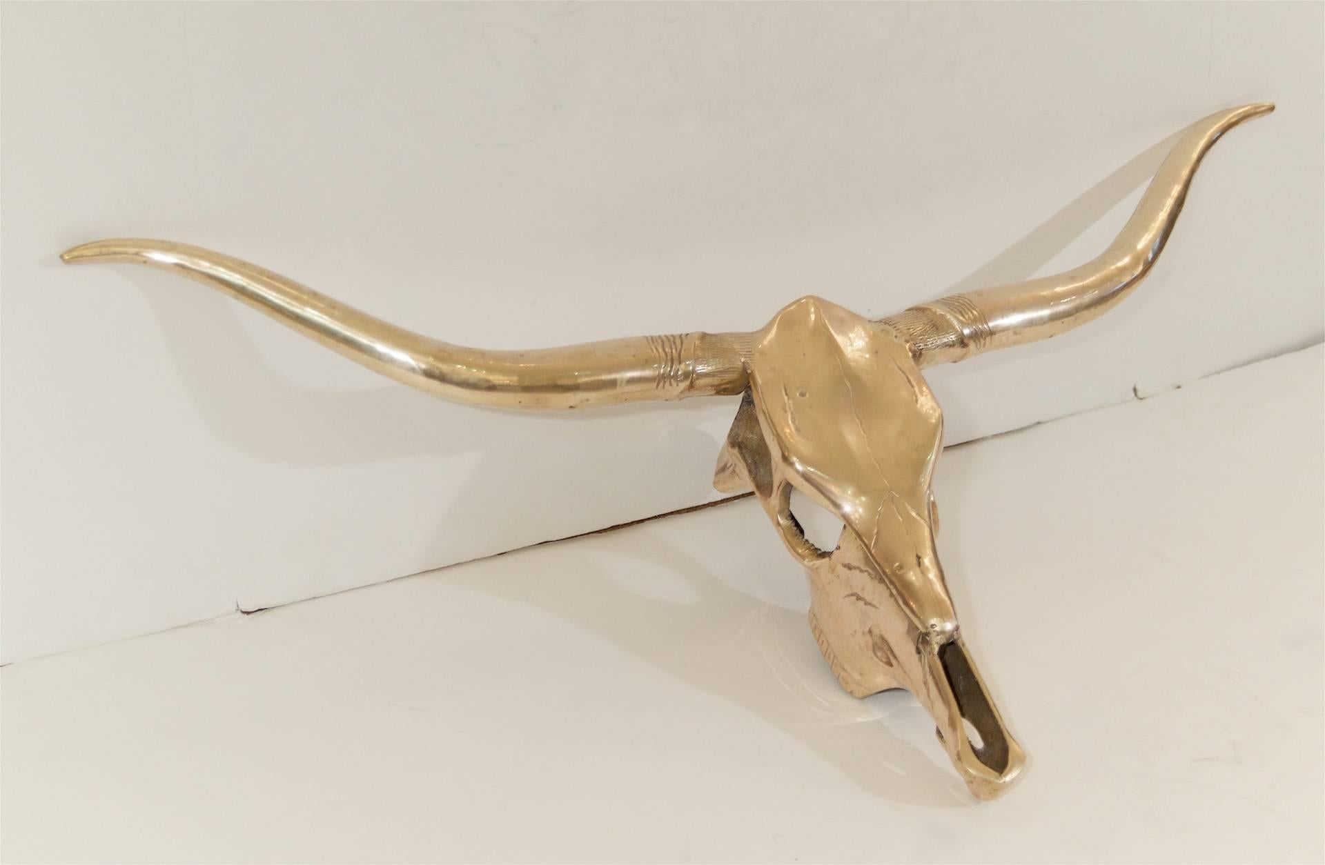 Mid-Century Modern Large Brass Long Horn Skull For Sale