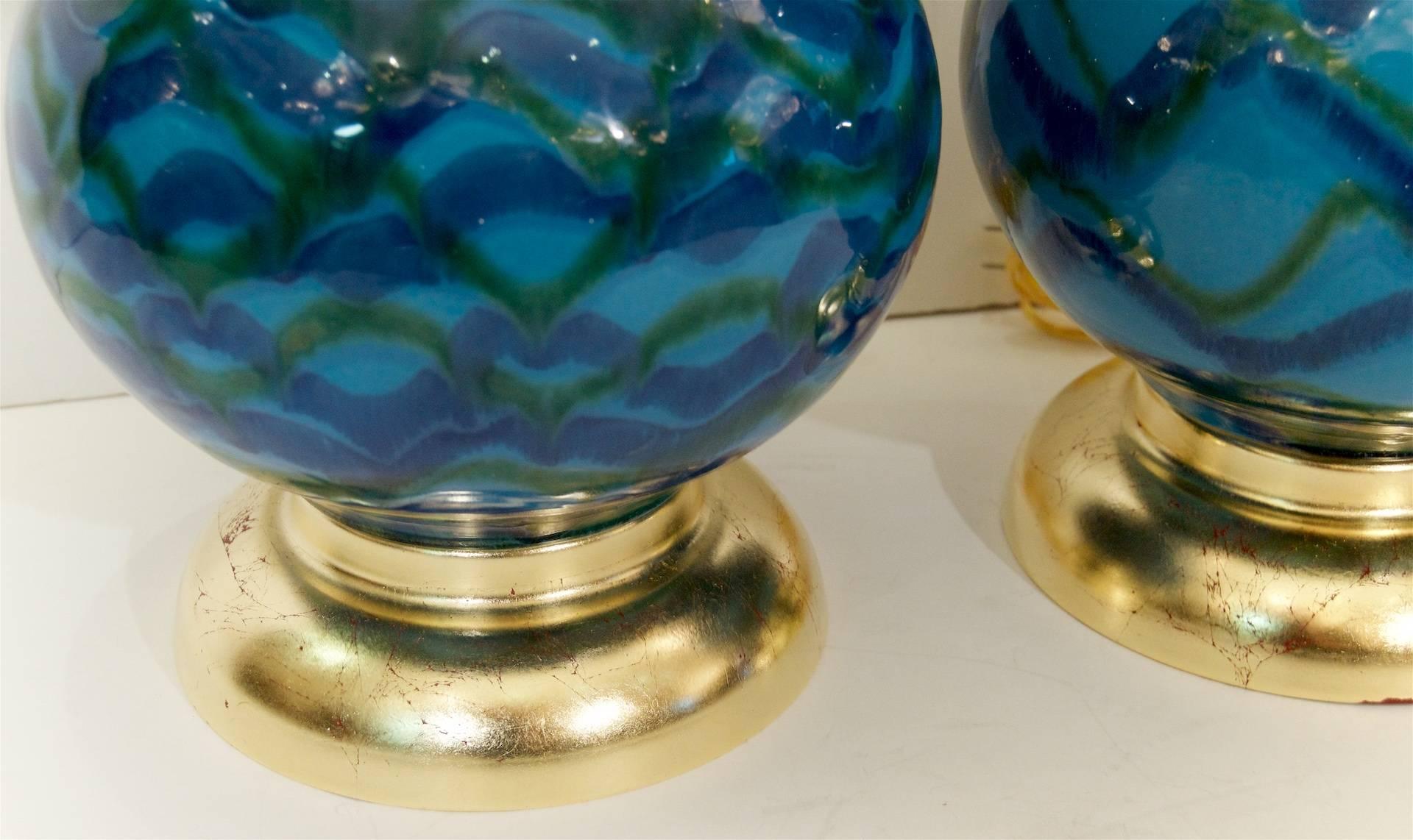 Mid-20th Century Pair of Blue Glazed Table Lamps with Gold Leaf Hardware