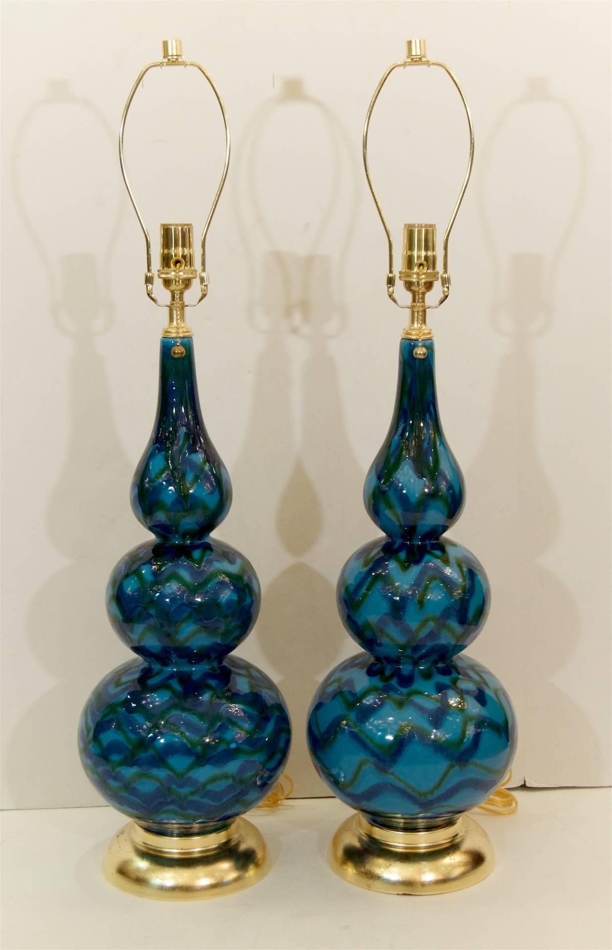 Mid-Century Modern Pair of Blue Glazed Table Lamps with Gold Leaf Hardware