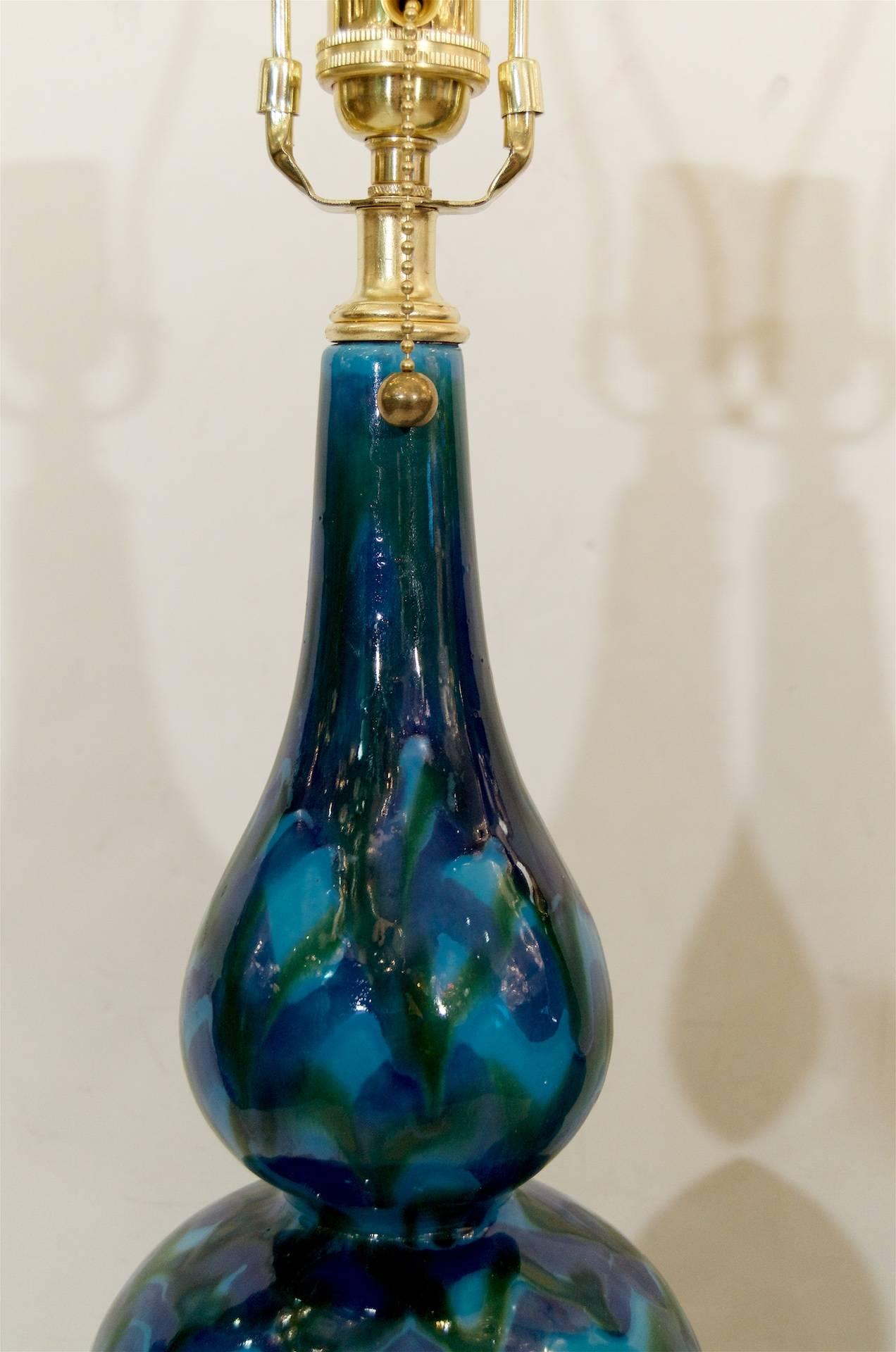 Pair of Blue Glazed Table Lamps with Gold Leaf Hardware In Excellent Condition In Stamford, CT