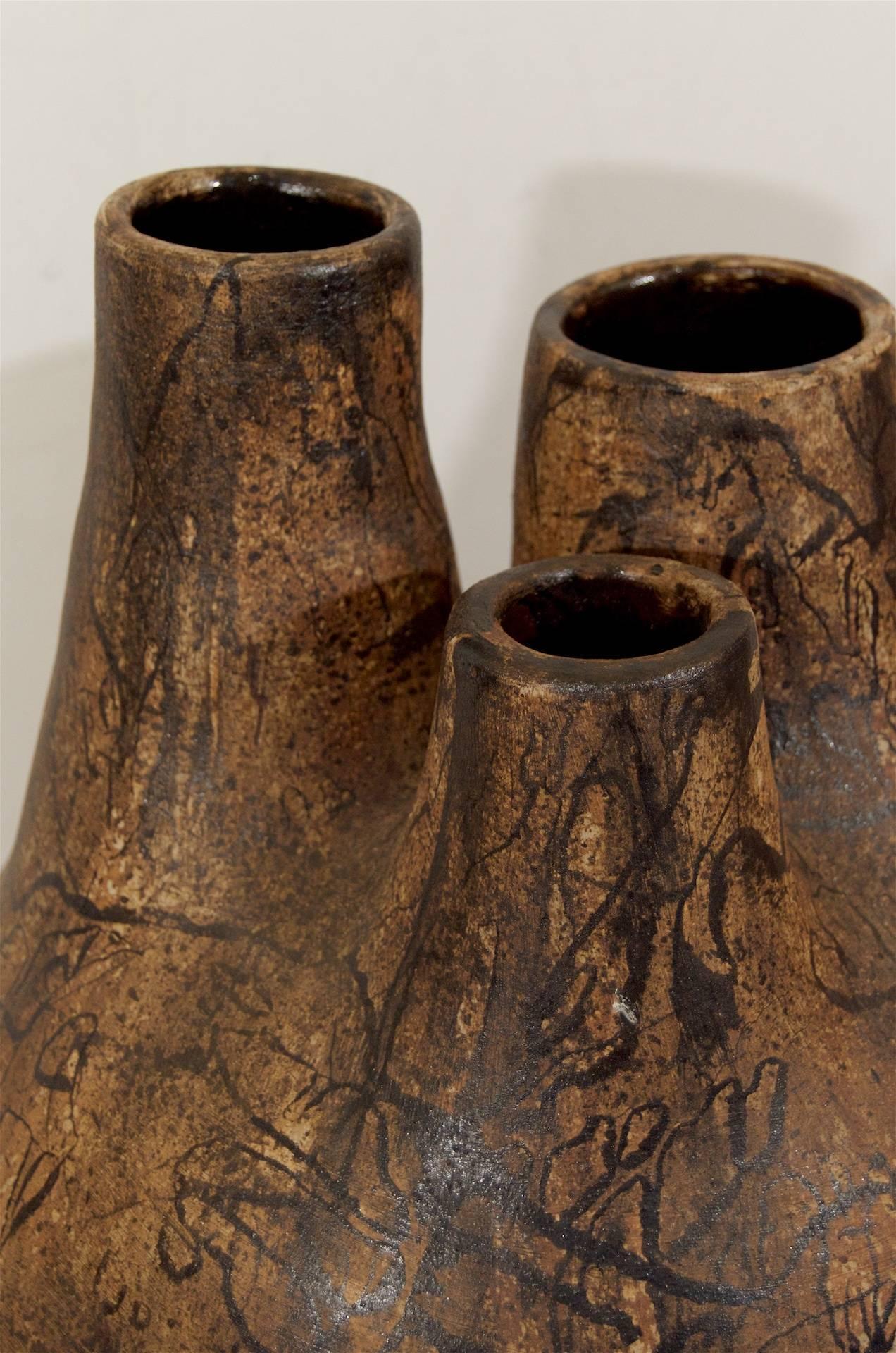 German Huge Matte Glaze Floor Vase with Three Openings