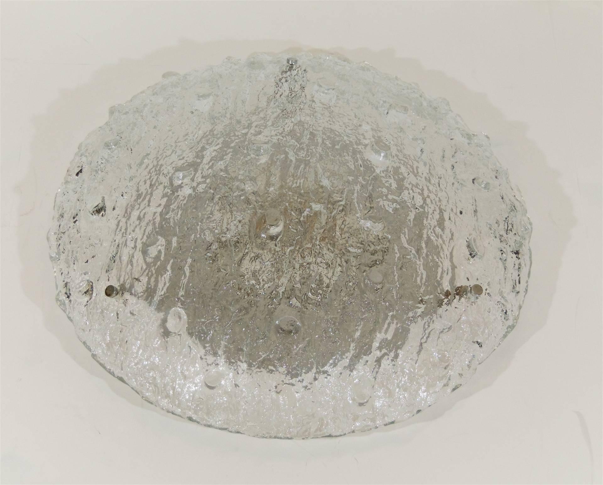 German Heavily Textured Domed Ice Glass Large Flush Mount