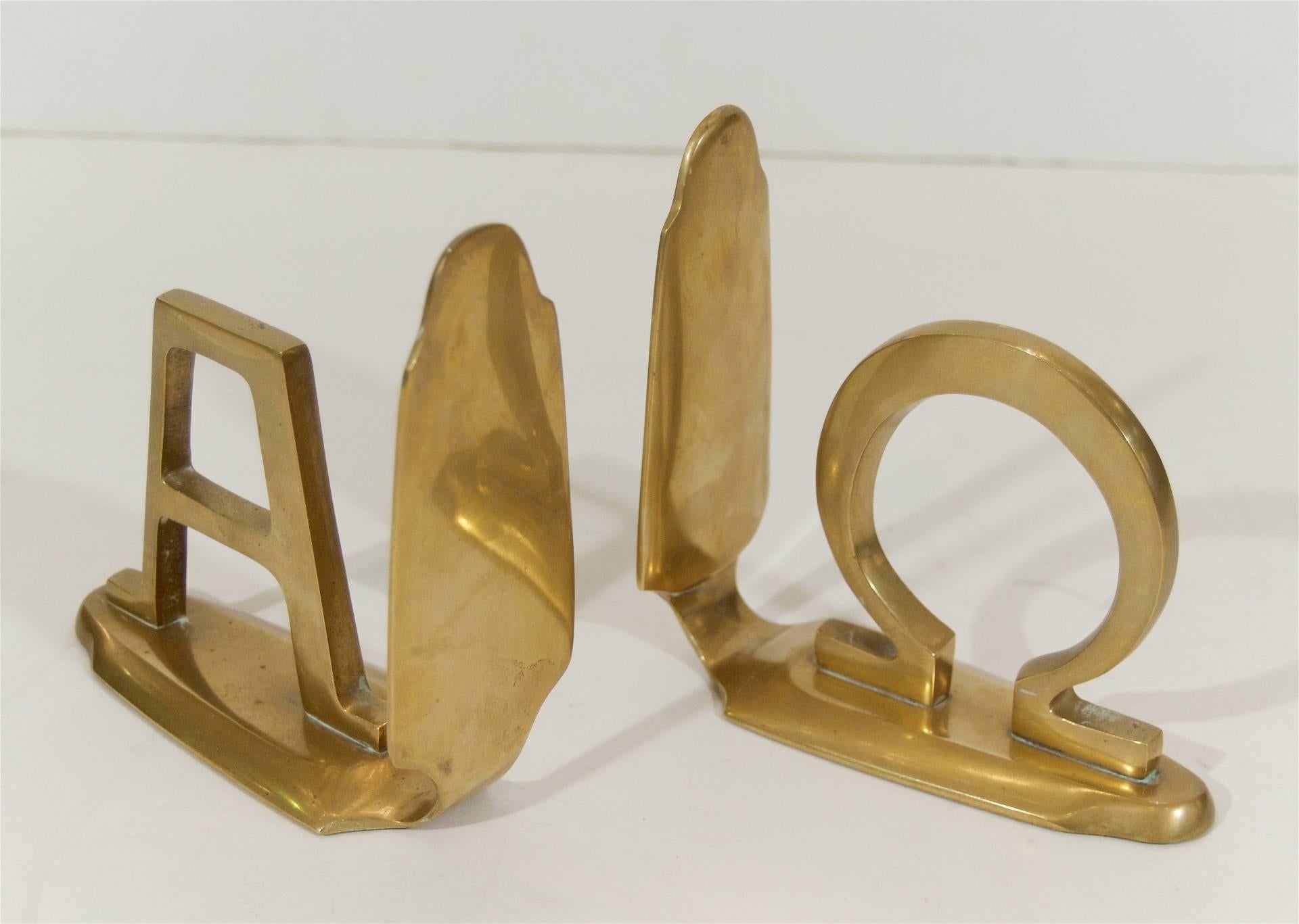 Mid-Century Modern Pair of Alpha and Omega Brass Bookends