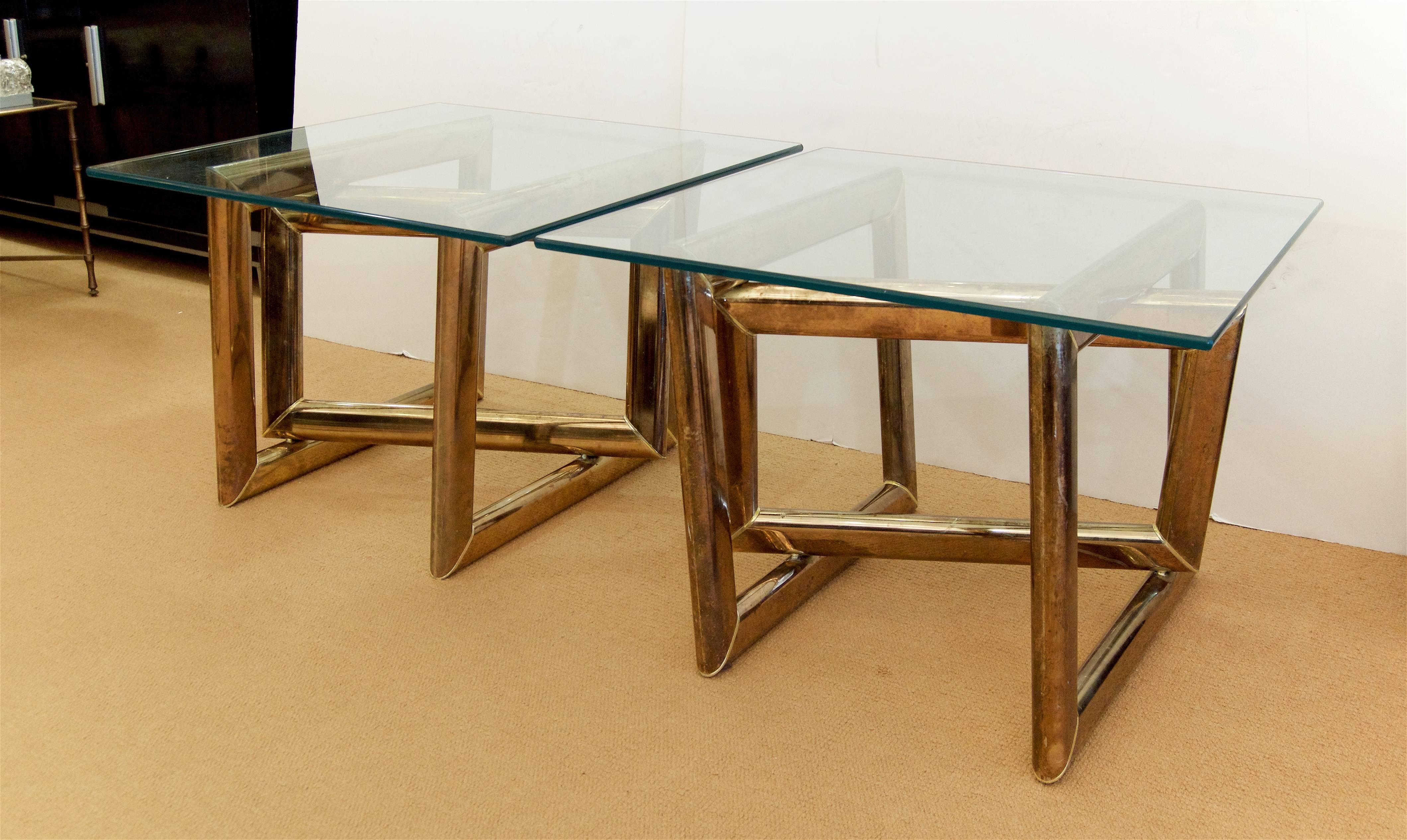 Mid-Century Modern Pair of Brass Sculptural Side Tables with Glass Tops For Sale