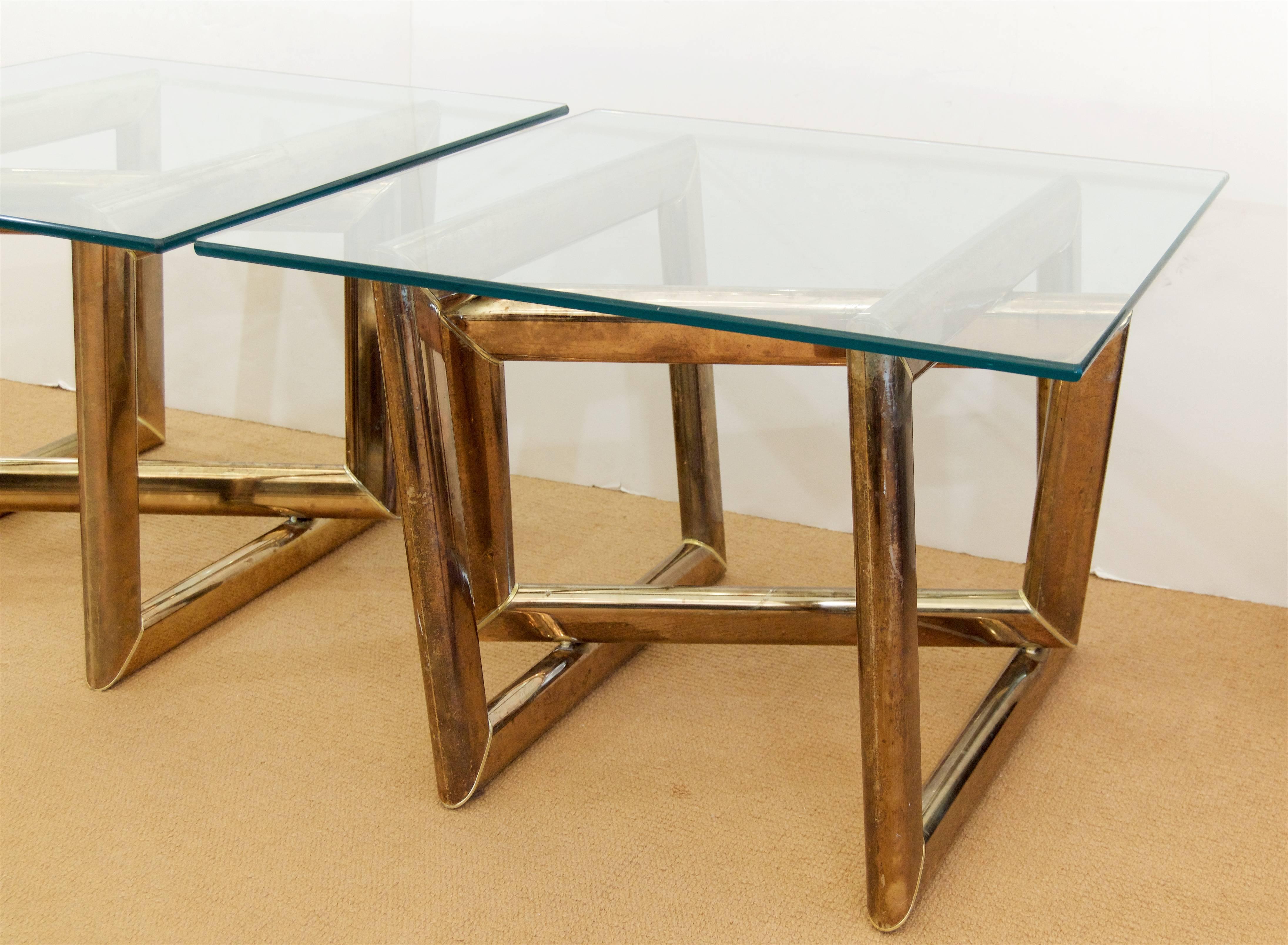 Mid-20th Century Pair of Brass Sculptural Side Tables with Glass Tops For Sale