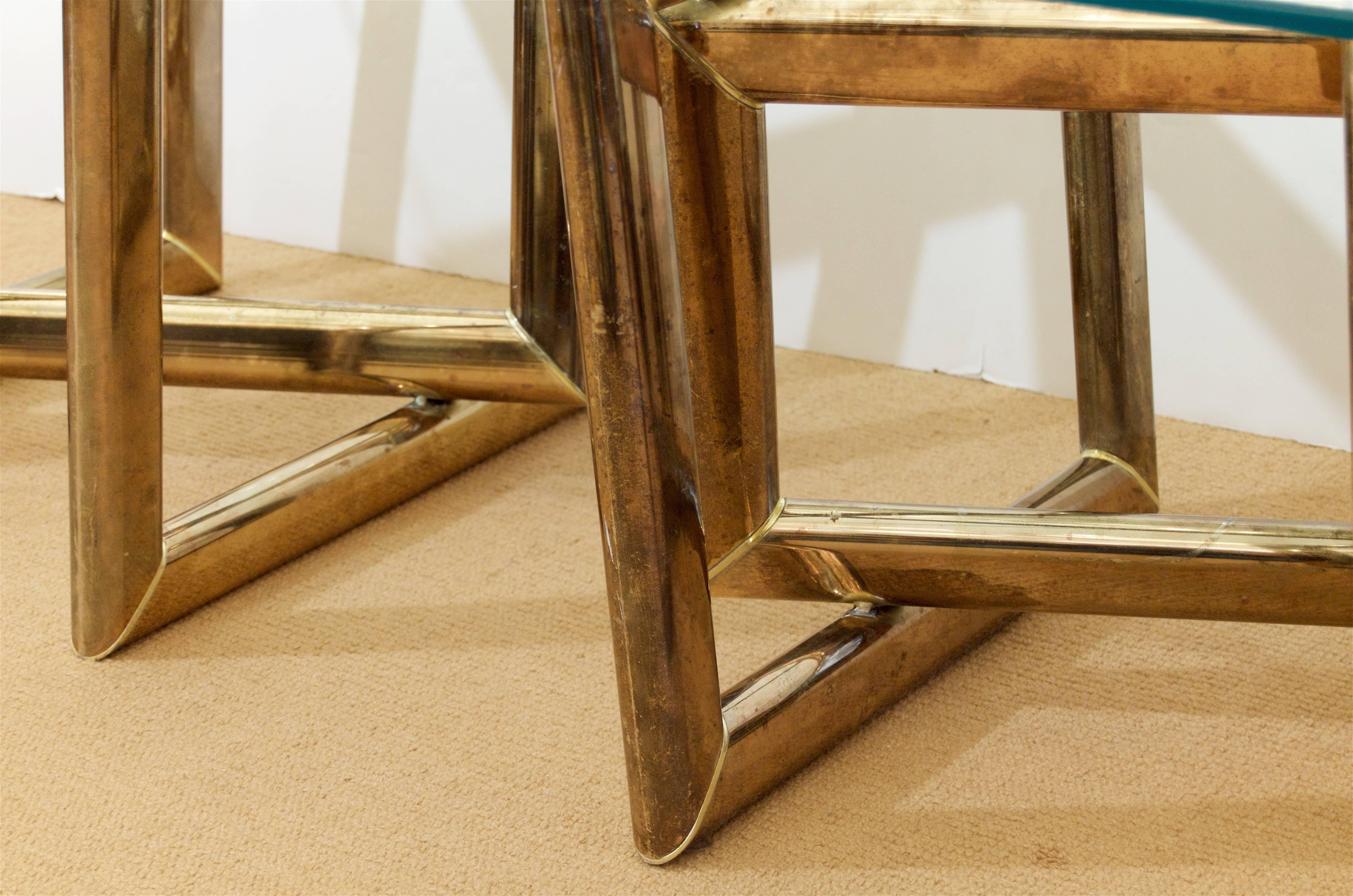 Pair of Brass Sculptural Side Tables with Glass Tops For Sale 1