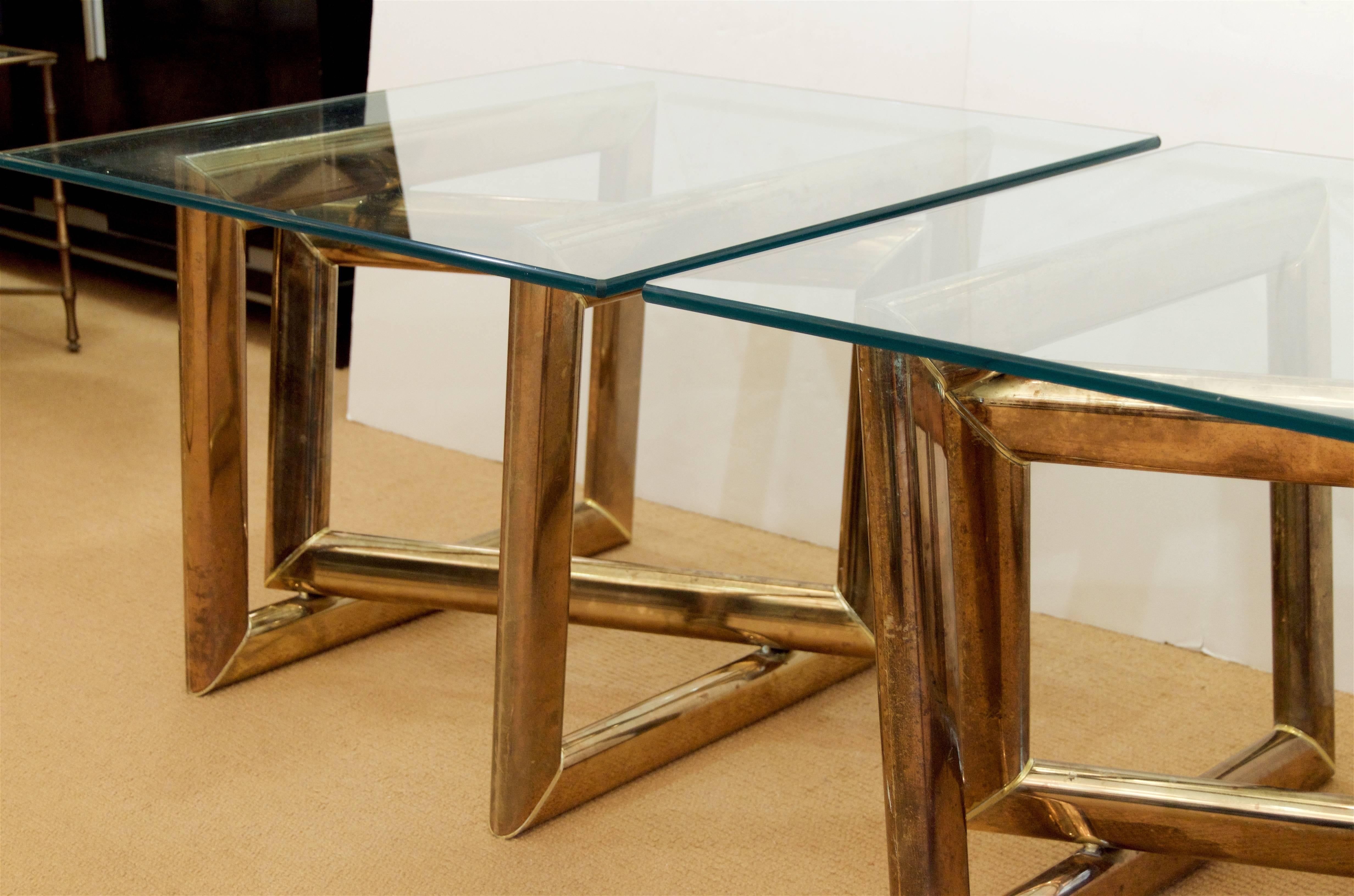 Chrome Pair of Brass Sculptural Side Tables with Glass Tops For Sale