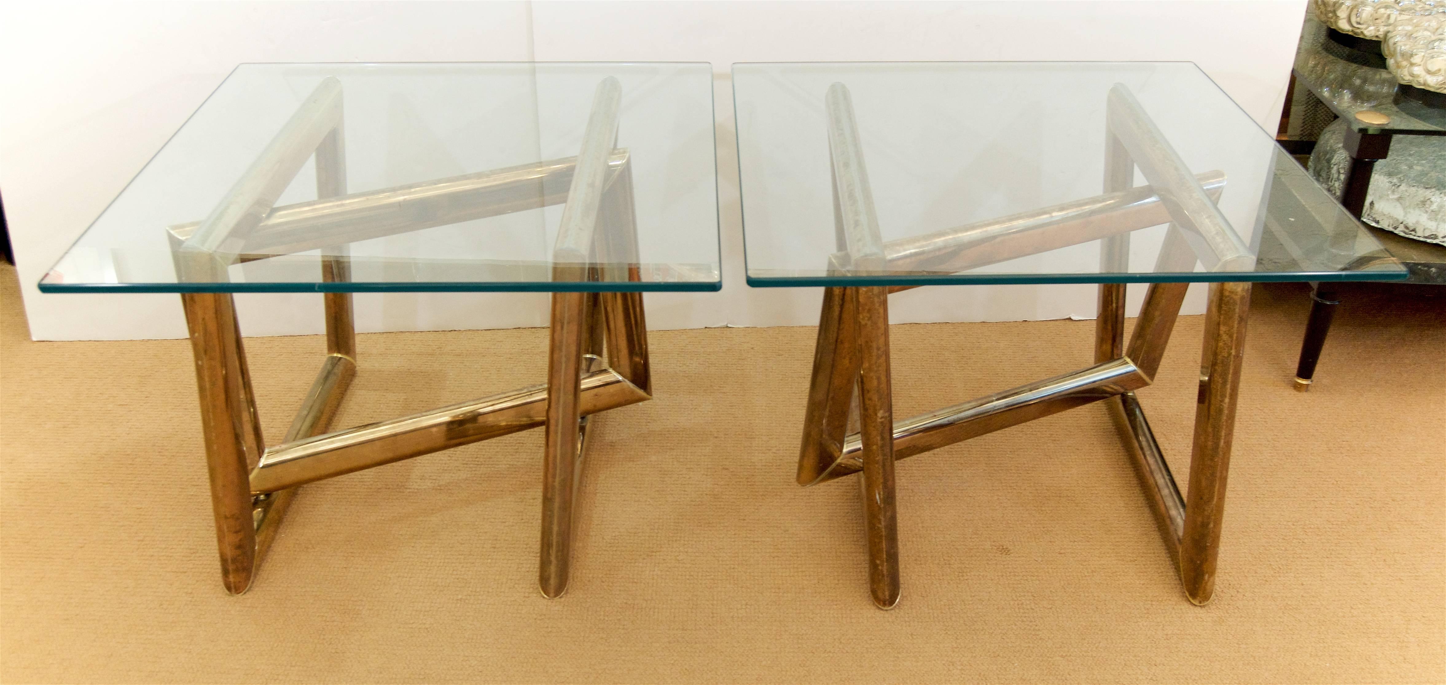 European Pair of Brass Sculptural Side Tables with Glass Tops For Sale
