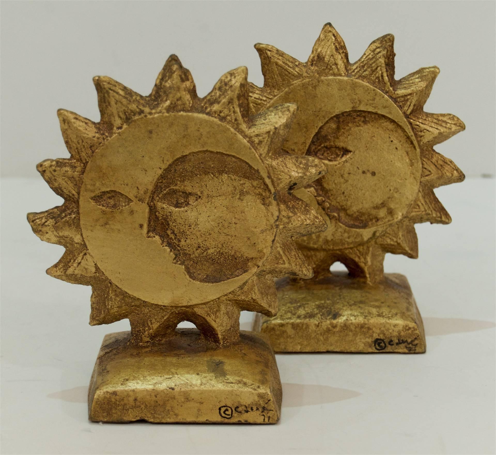 Gilt Pair of Reversible Sun and Moon Curtis Jere Bookends