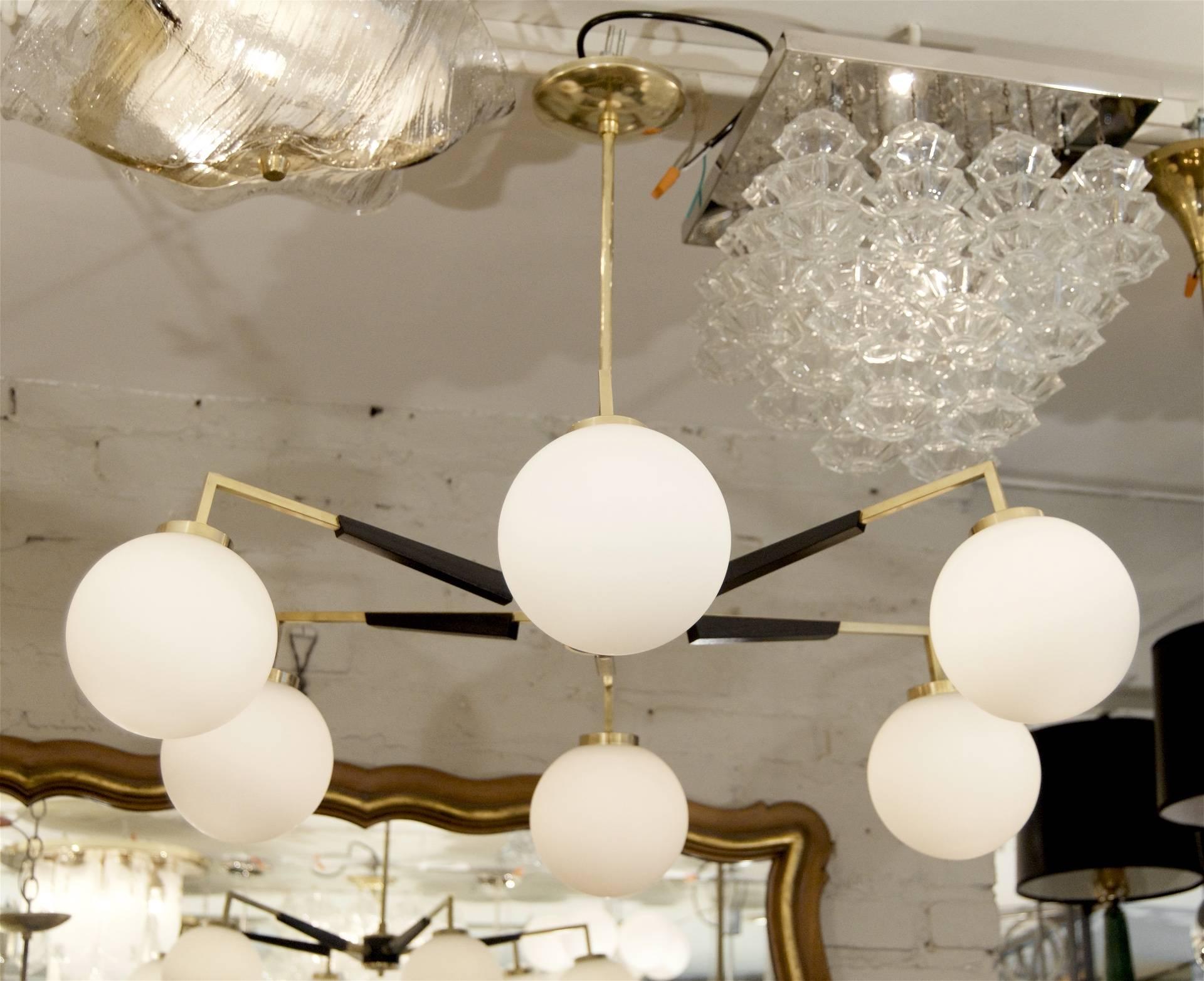 Mid-Century Modern Brass and Black Enamel Stilnovo Style Chandelier with Opal Glass Globes