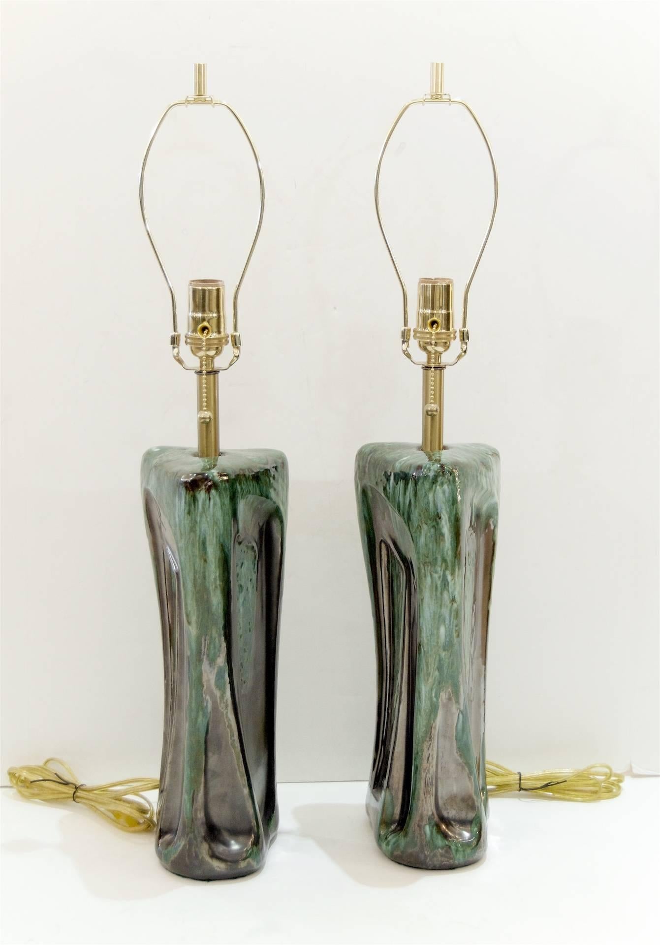 American Pair of Green and Graphite Glazed Table Lamps by Kroywen Ceramics