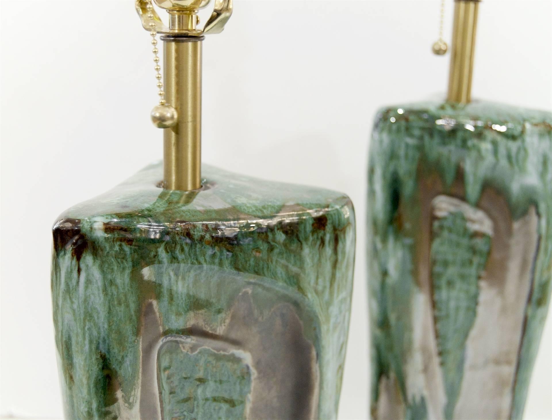 Brass Pair of Green and Graphite Glazed Table Lamps by Kroywen Ceramics