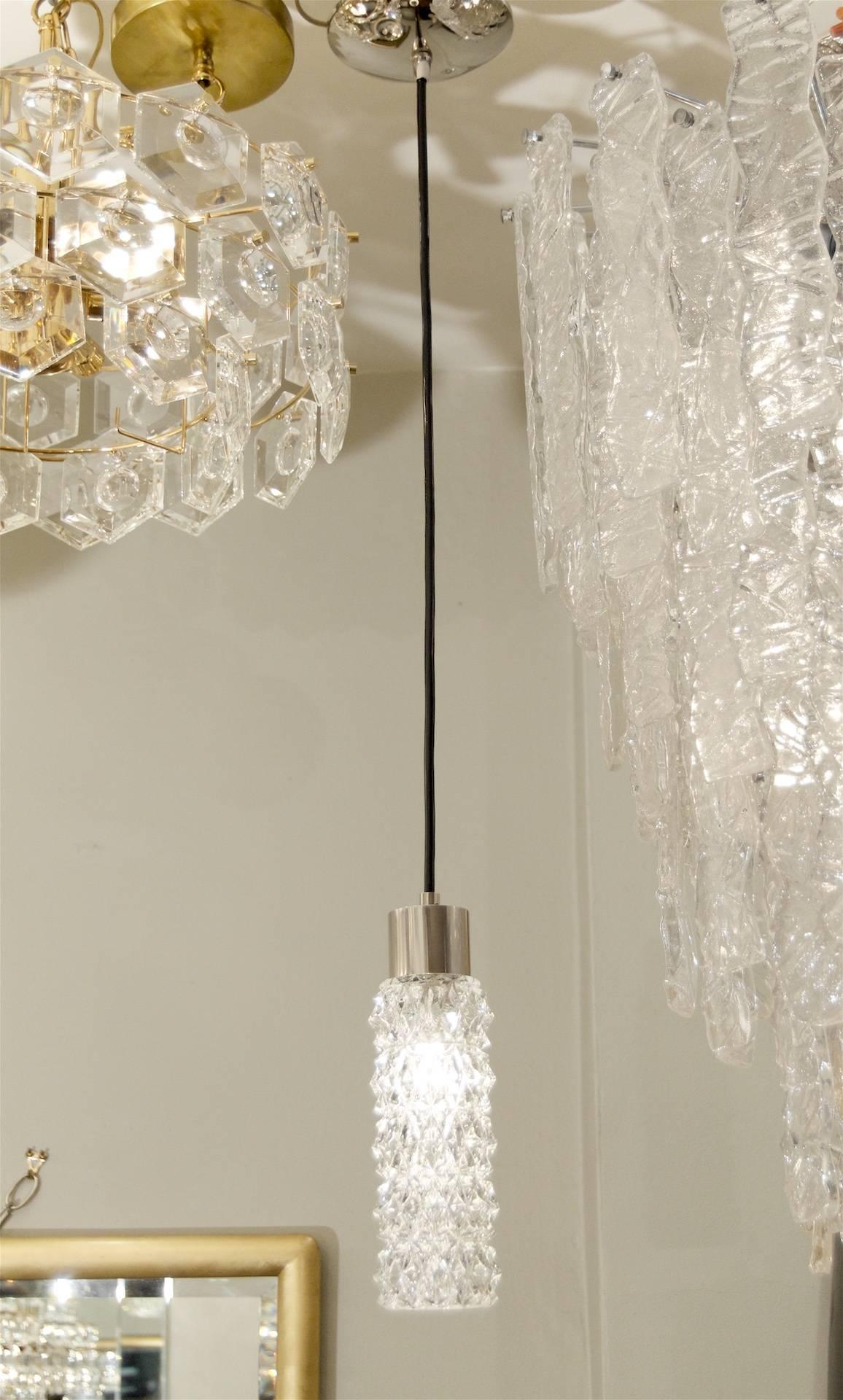 Mid-Century Modern Chrome and Crystalline Faceted Pendant Lights (3 Available) For Sale