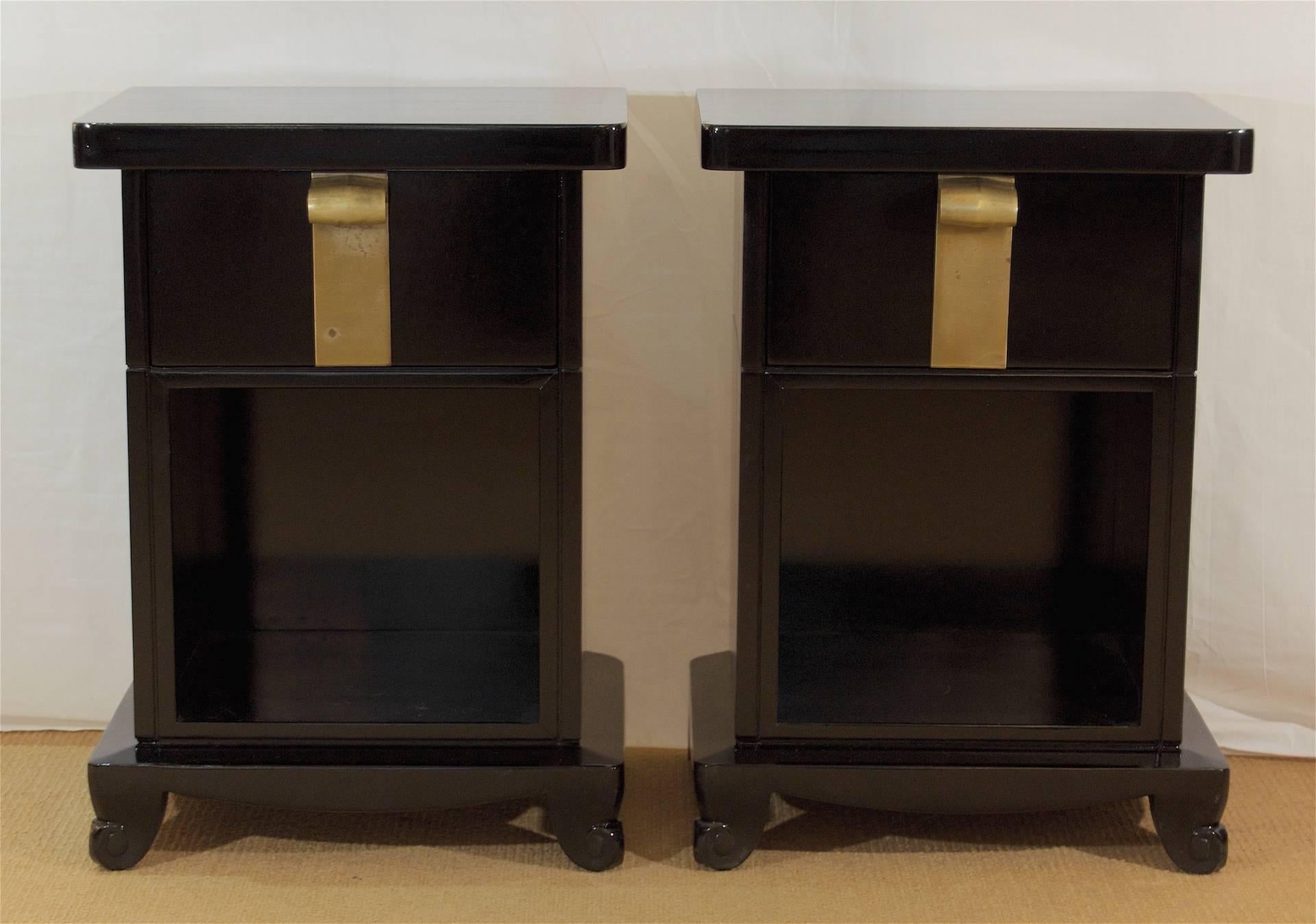 American Pair of Early John Stuart Nightstands in Black Lacquer For Sale