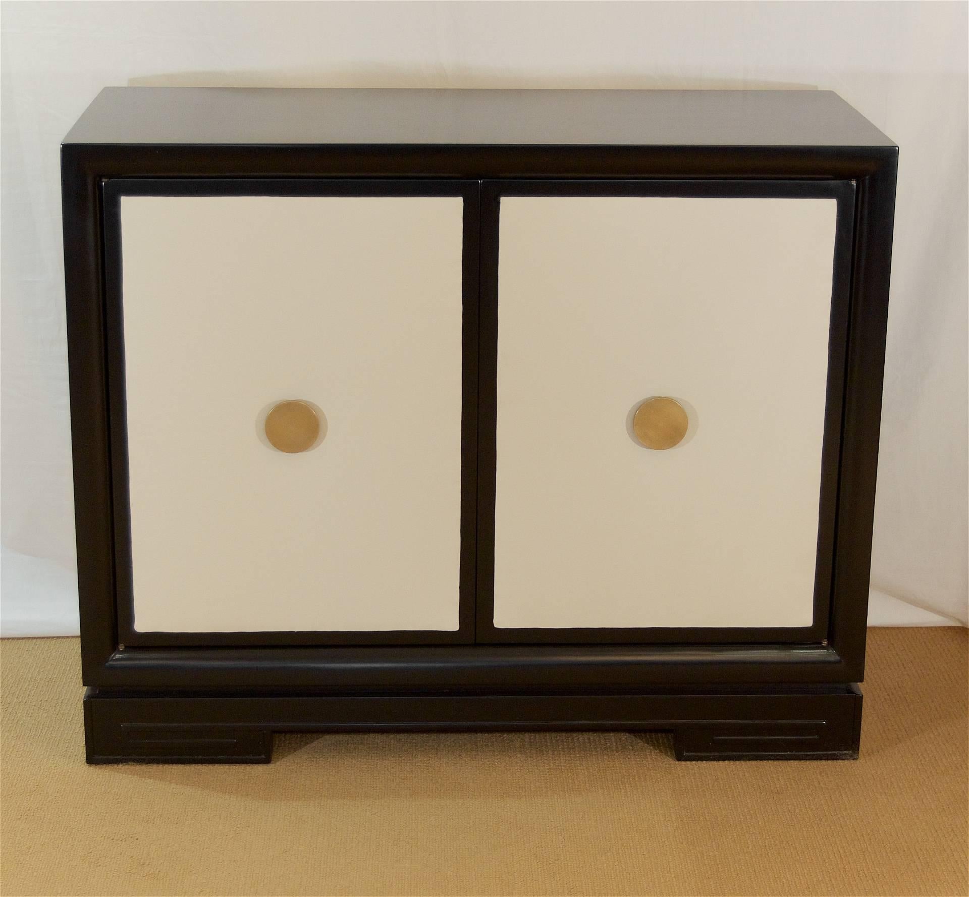 American Black Lacquered Chest with Leather Panelled Doors and Brass Pulls