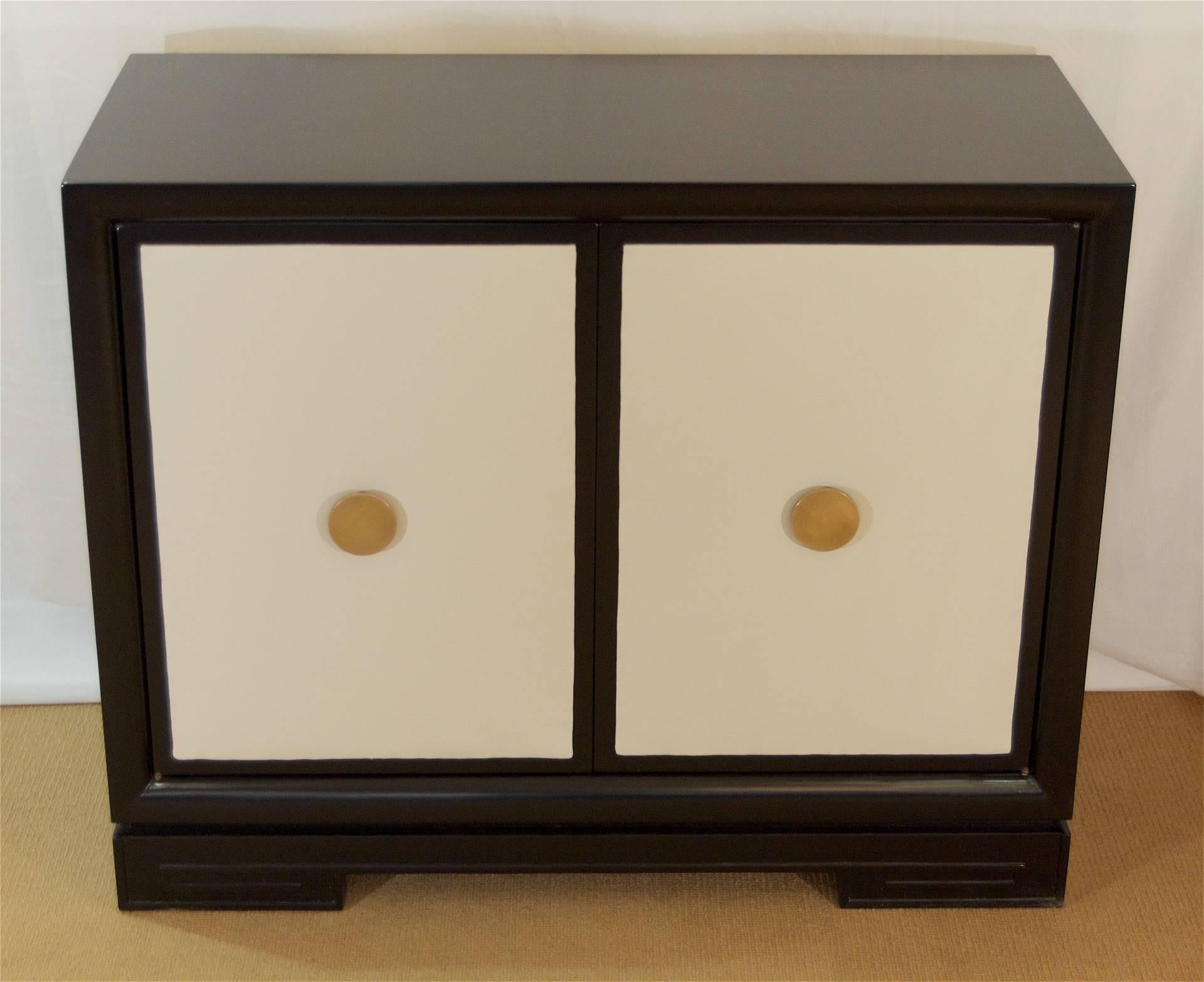 Hollywood Regency Black Lacquered Chest with Leather Panelled Doors and Brass Pulls