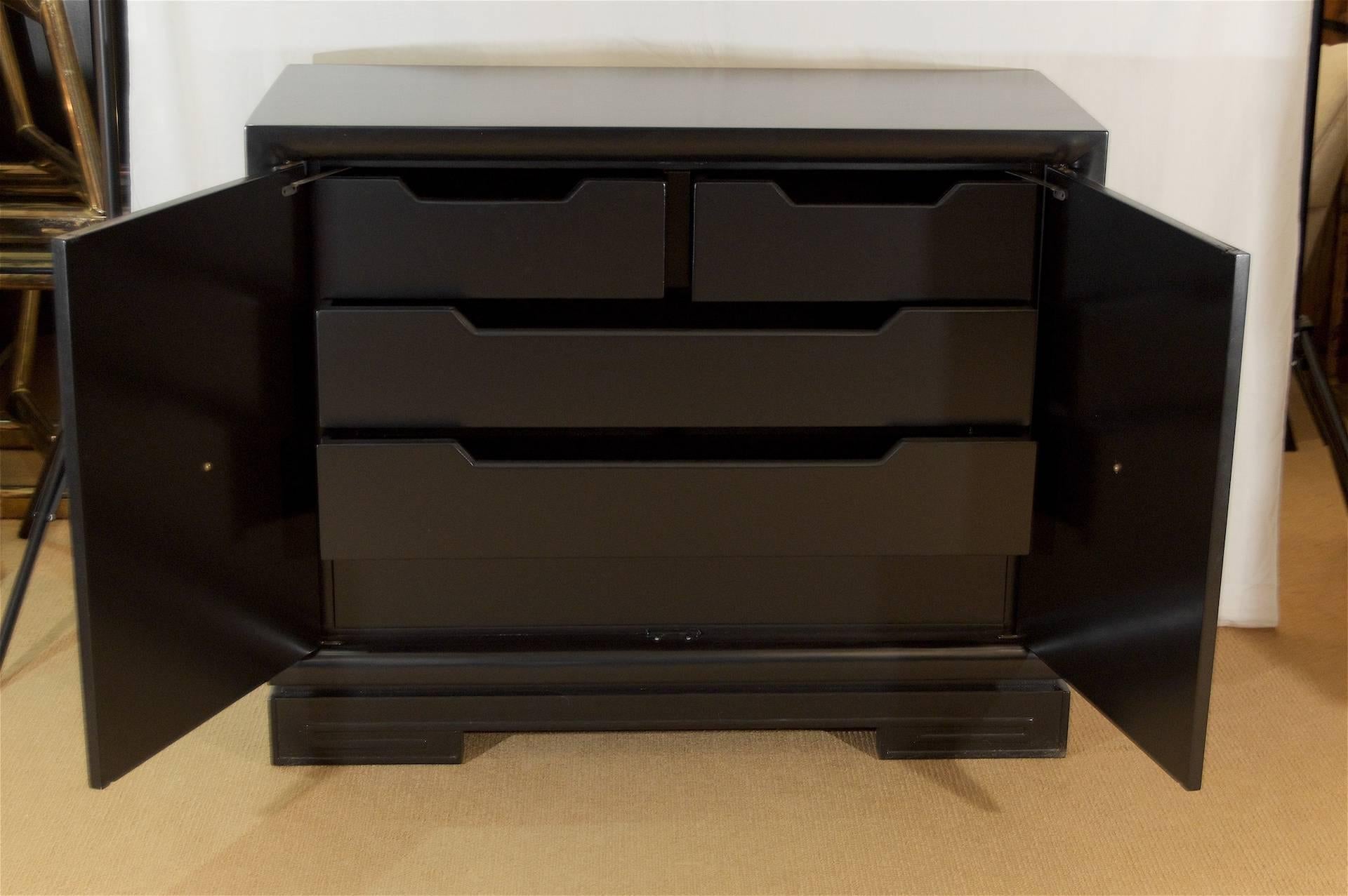 Black Lacquered Chest with Leather Panelled Doors and Brass Pulls 3