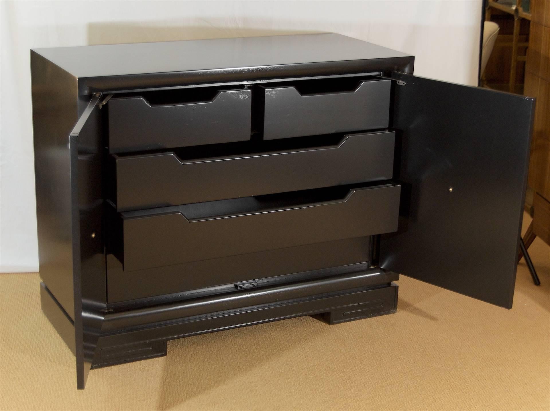 Black Lacquered Chest with Leather Panelled Doors and Brass Pulls 2