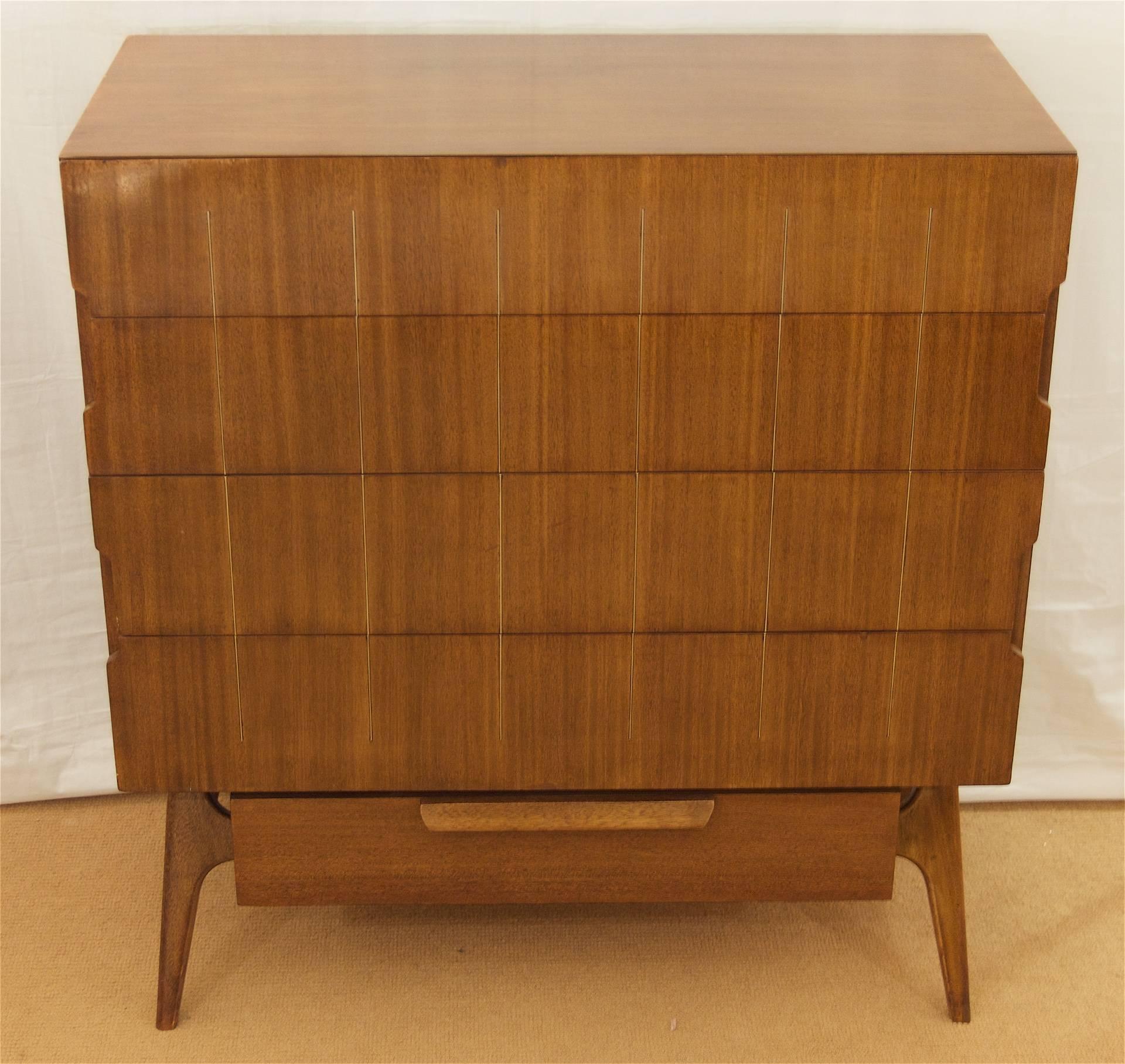 Mid-20th Century Walnut Chest of Drawers with Brass Inlay