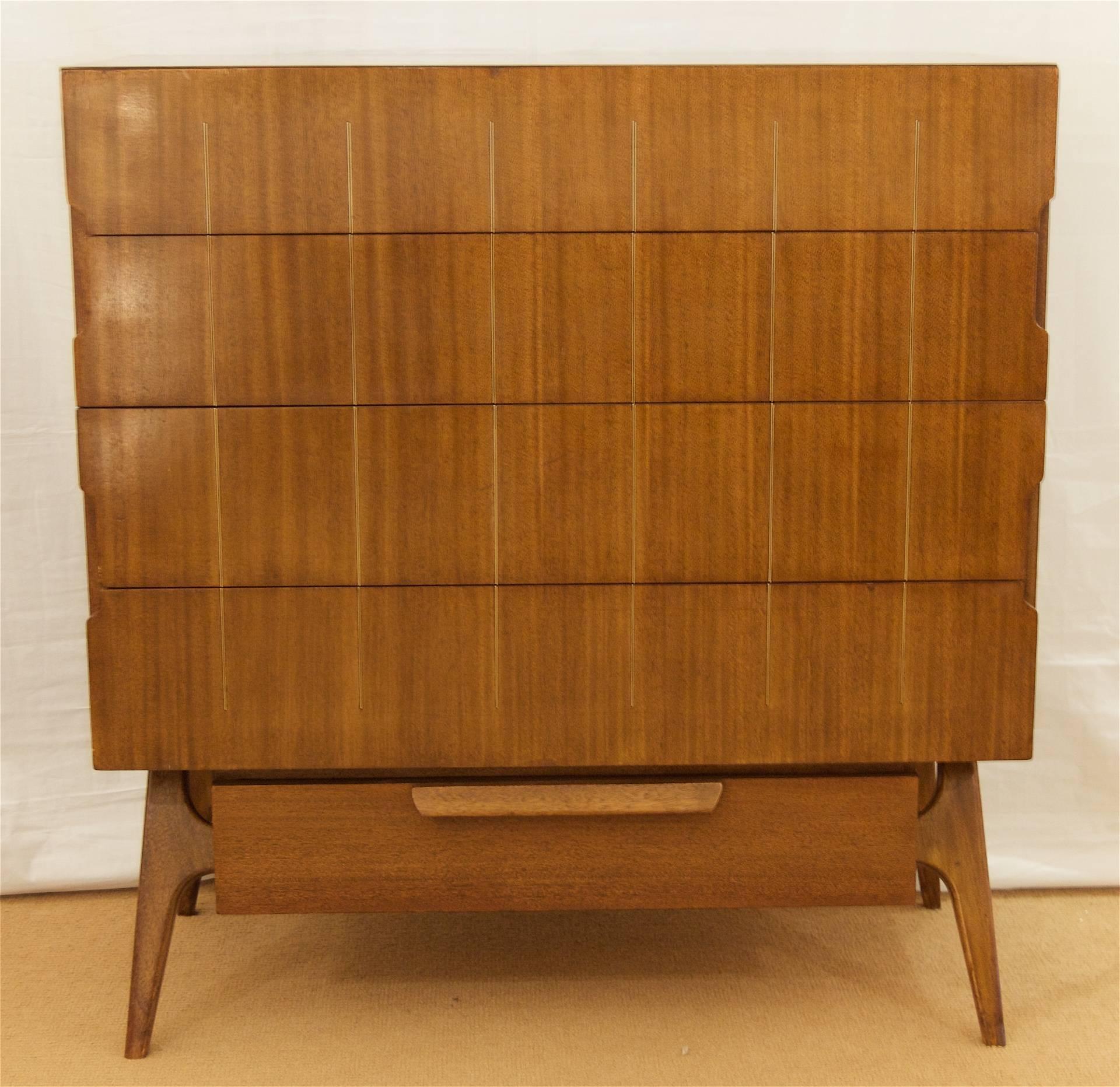 Mid-Century Modern Walnut Chest of Drawers with Brass Inlay