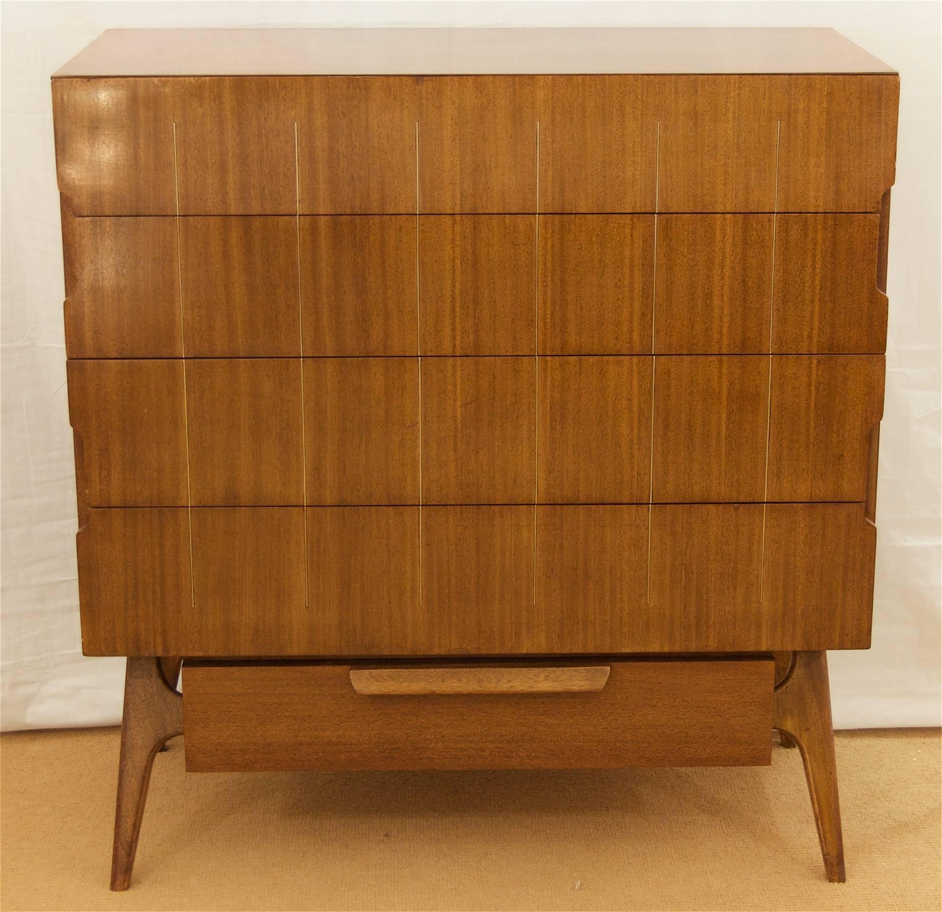 Walnut Chest of Drawers with Brass Inlay In Excellent Condition In Stamford, CT