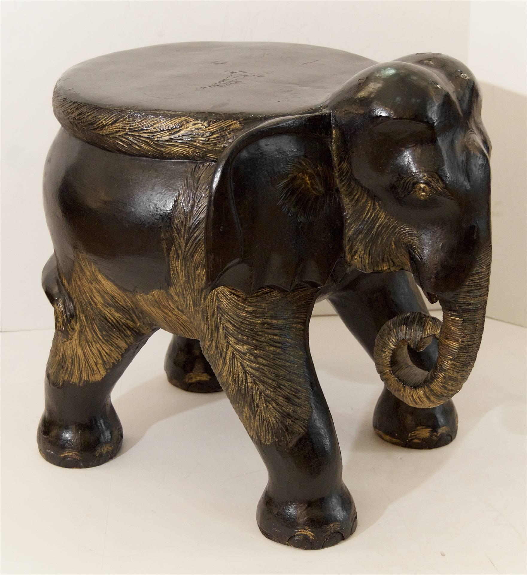 Ebonized Carved Wood Elephant Stool / Table