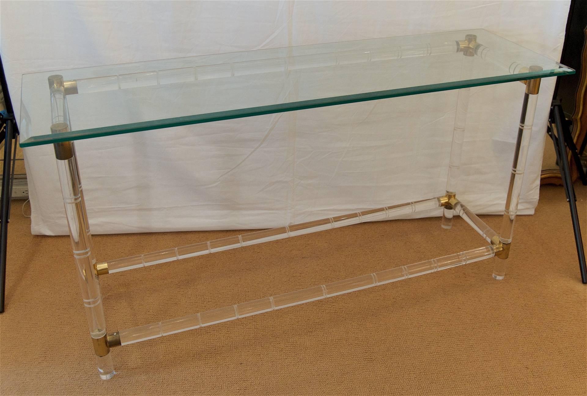 Glass topped faux bamboo Lucite console table with brass joints by Charles Hollis Jones.

Please see notes regarding condition.