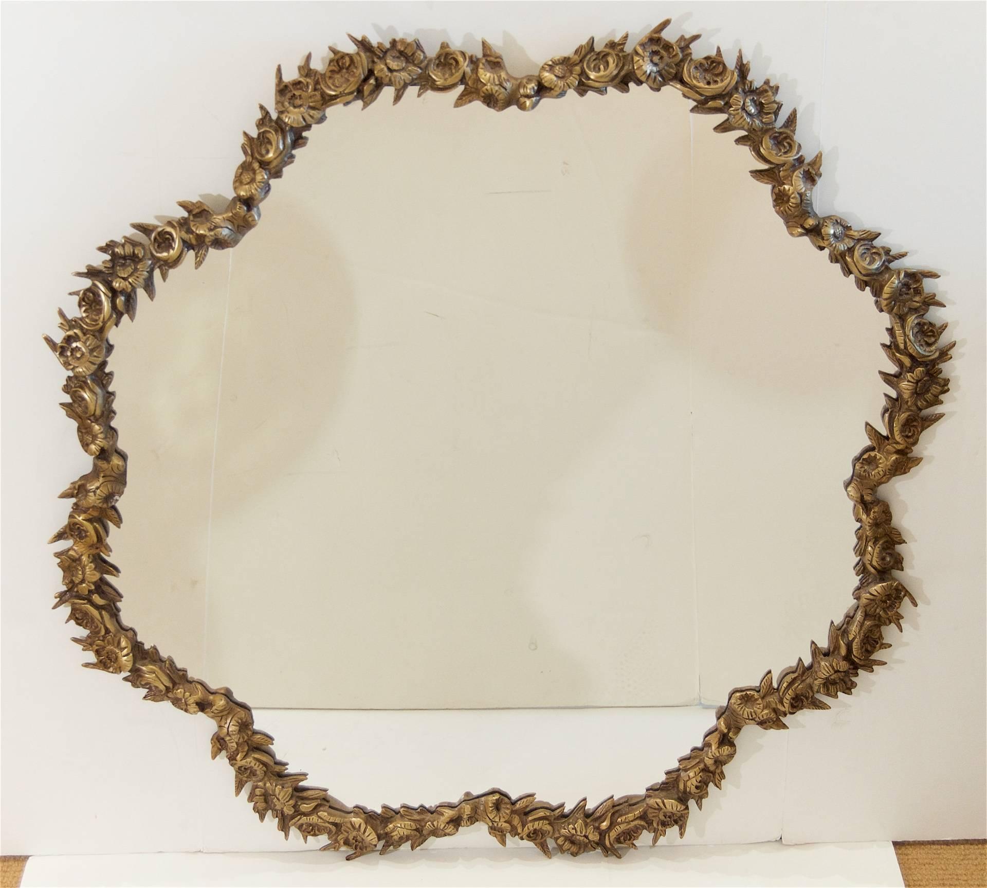 Mid-Century Modern Brass Floral Bordered Mirror