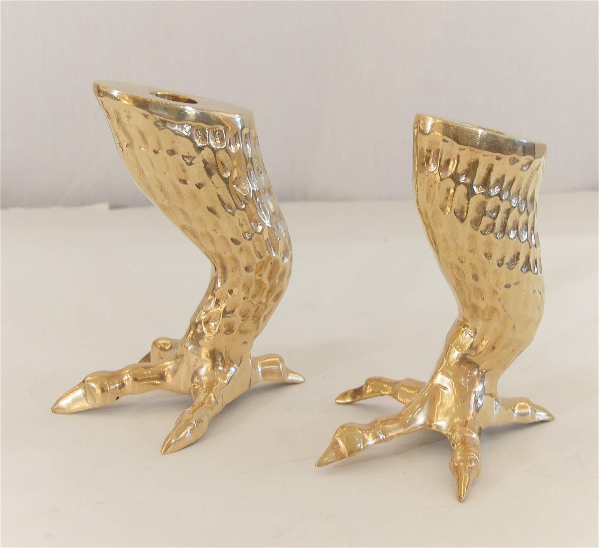 Mid-Century Modern Pair of Brass Eagle Talon Candlestick Holders
