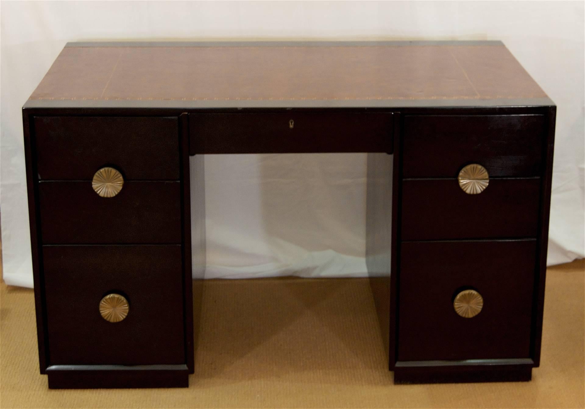 American Leather Topped Charak Modern Ebonized Desk Attributed to Parzinger For Sale