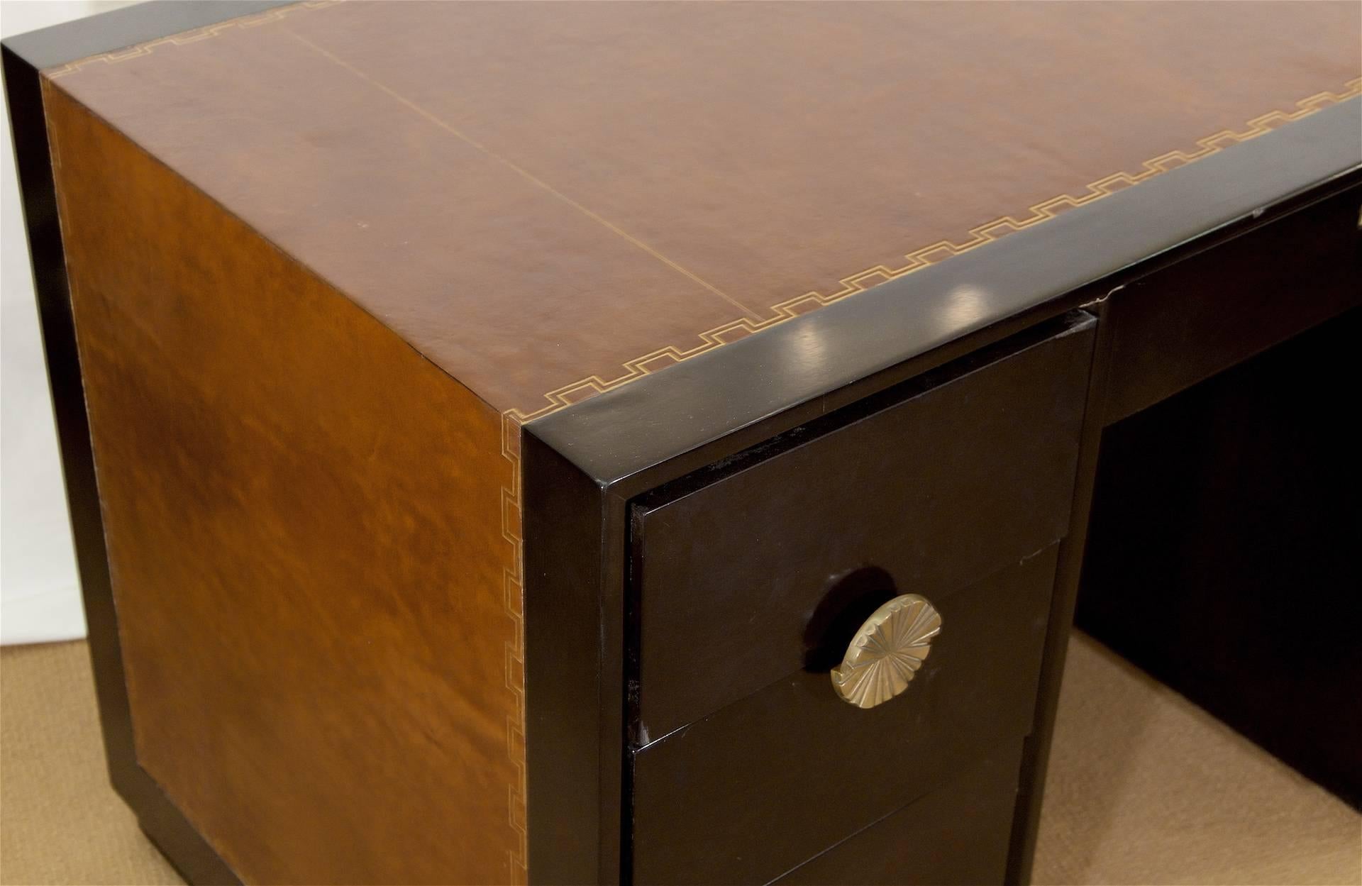 Leather Topped Charak Modern Ebonized Desk Attributed to Parzinger For Sale 2
