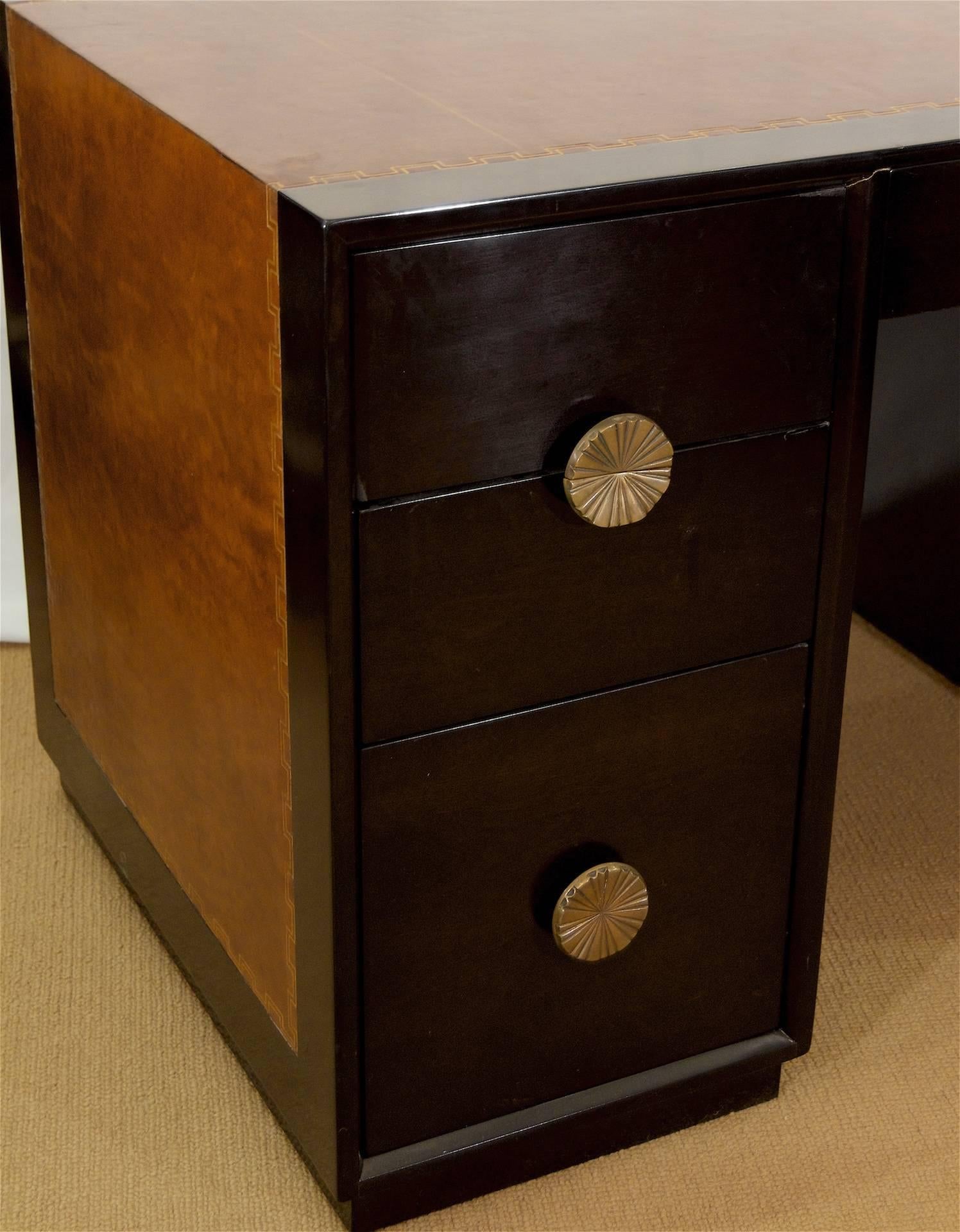 Brass Leather Topped Charak Modern Ebonized Desk Attributed to Parzinger For Sale