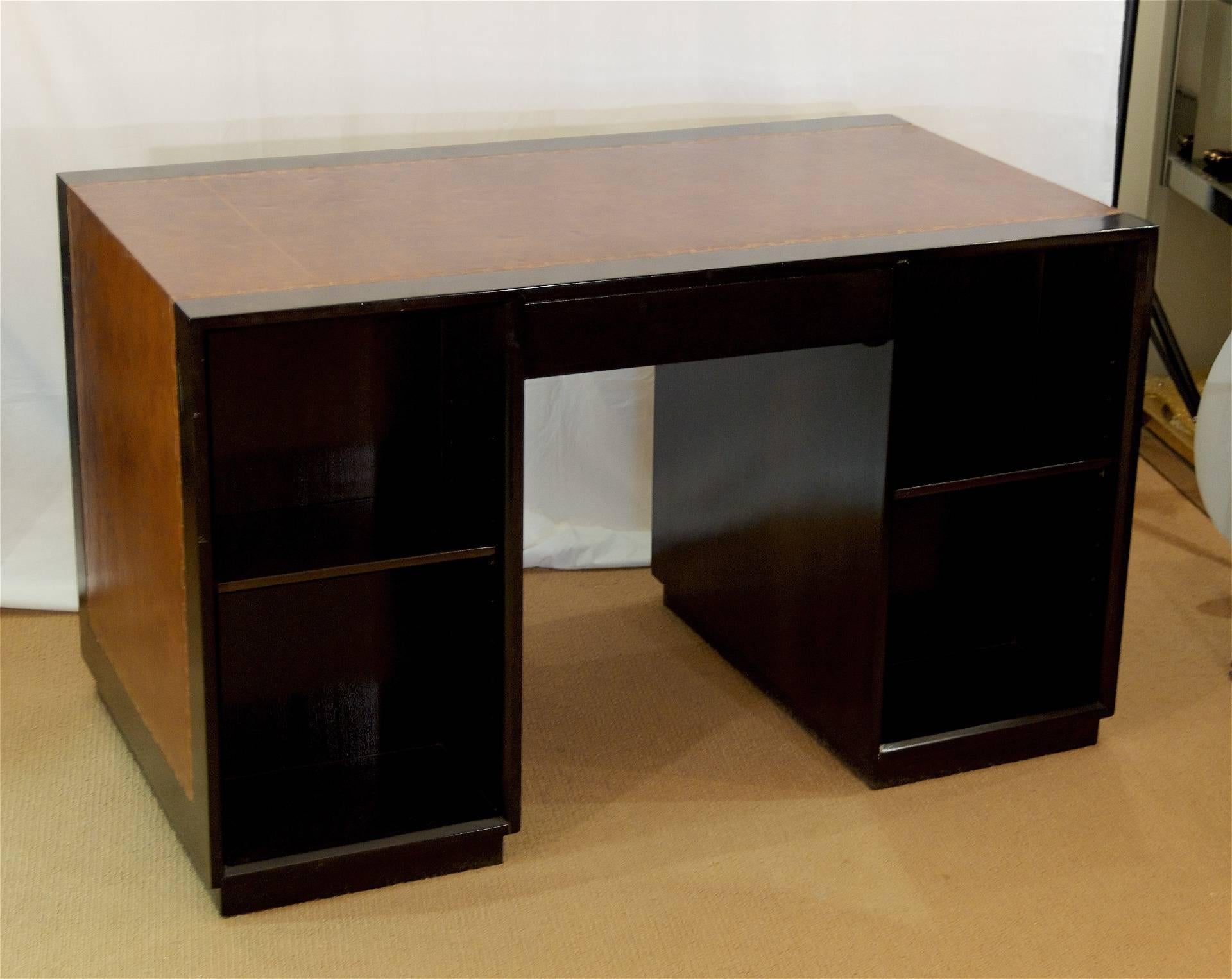 Leather Topped Charak Modern Ebonized Desk Attributed to Parzinger In Excellent Condition For Sale In Stamford, CT