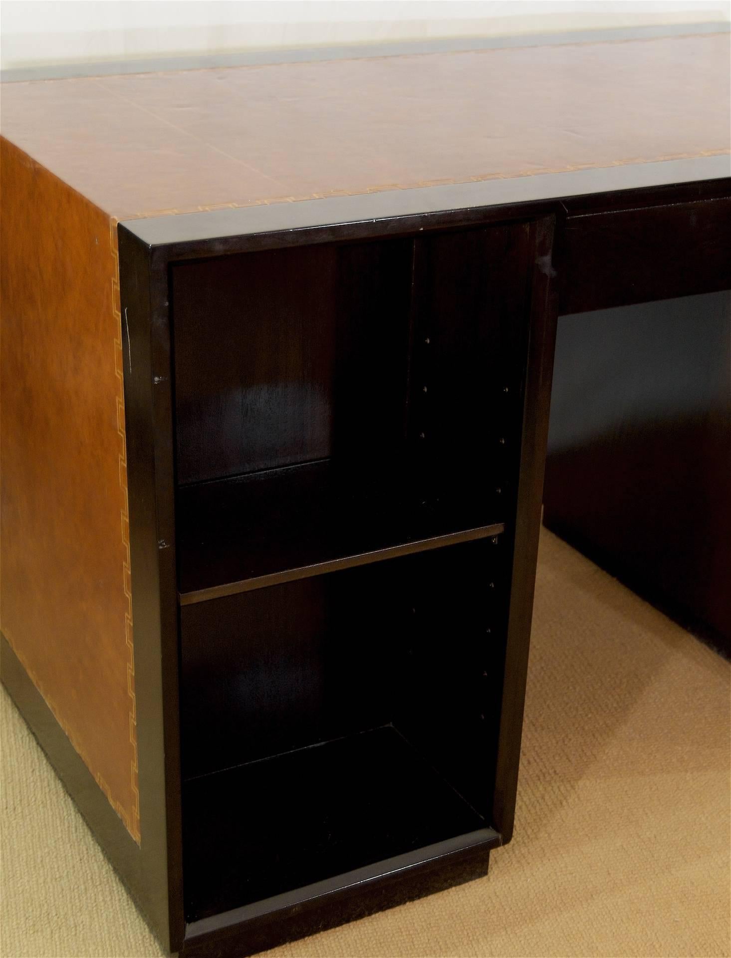 Leather Topped Charak Modern Ebonized Desk Attributed to Parzinger For Sale 1