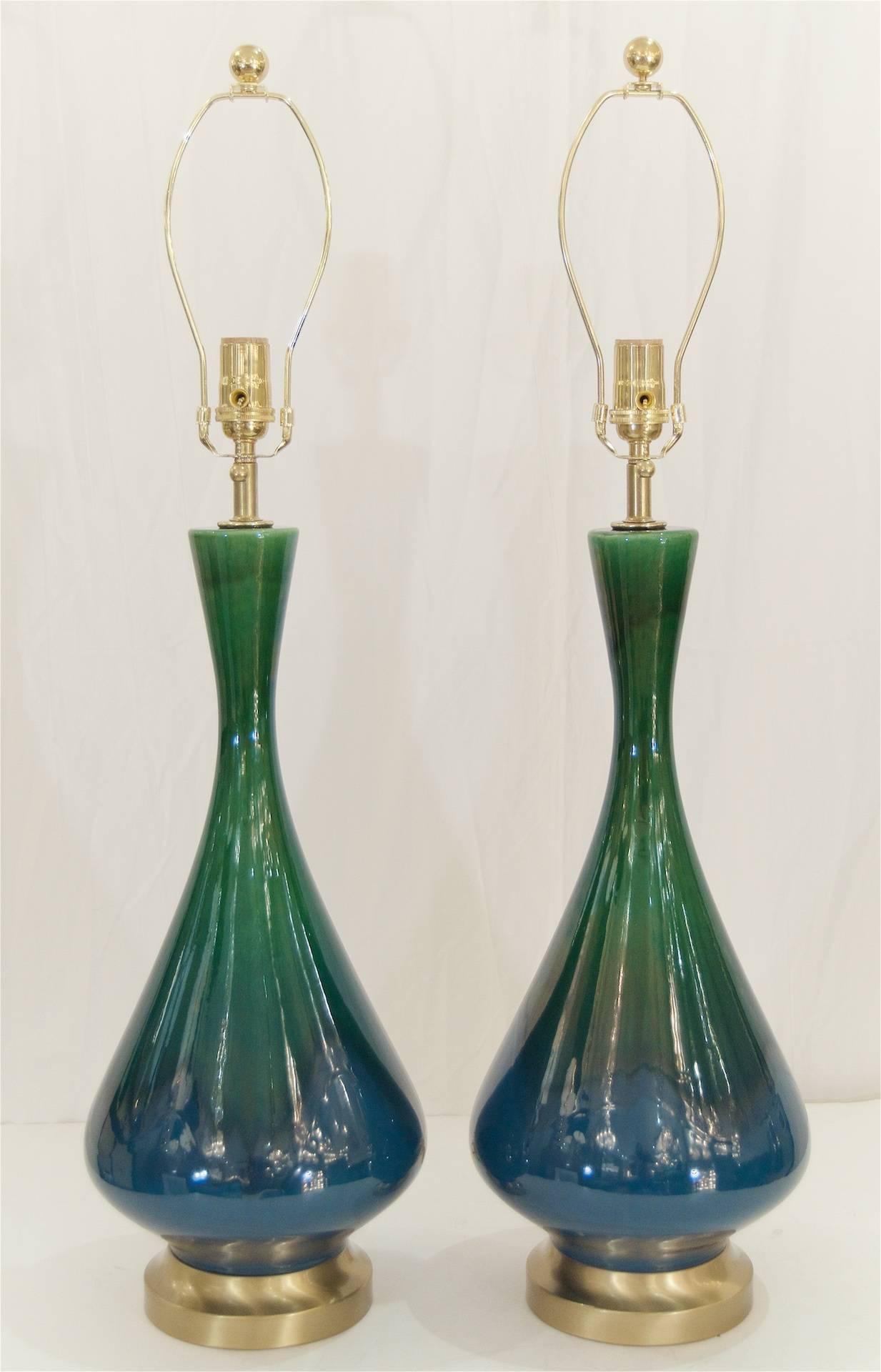 Mid-Century Modern Pair of Blue and Green Drip Glaze Lamps