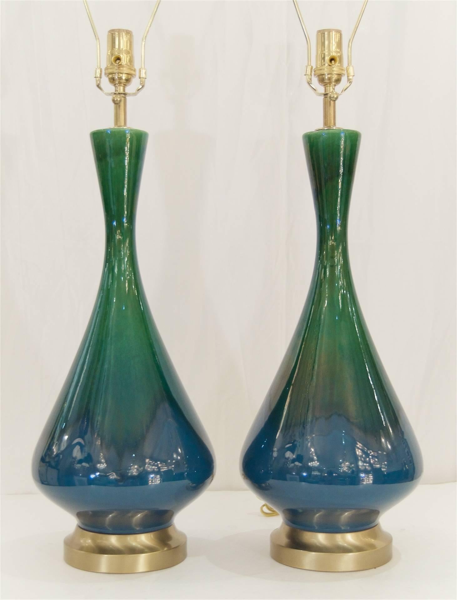 American Pair of Blue and Green Drip Glaze Lamps