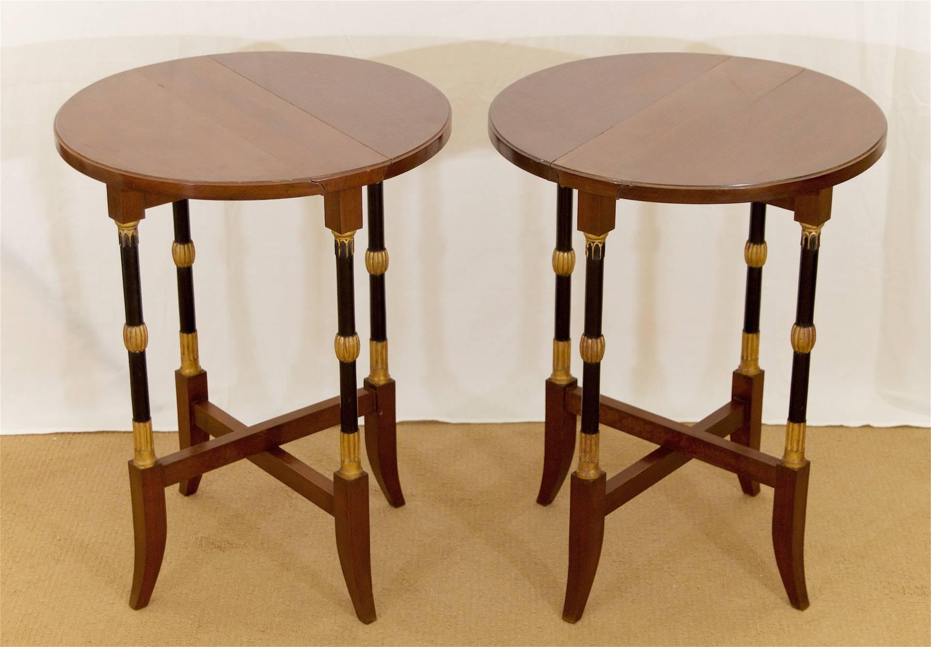 Excellently sized vintage folding occasional tables in a Regency style, original to the Fontainebleau hotel. Varnished wood with ebonized and gilt detailing to legs.

Priced per piece.

Two available in original condition. Others available