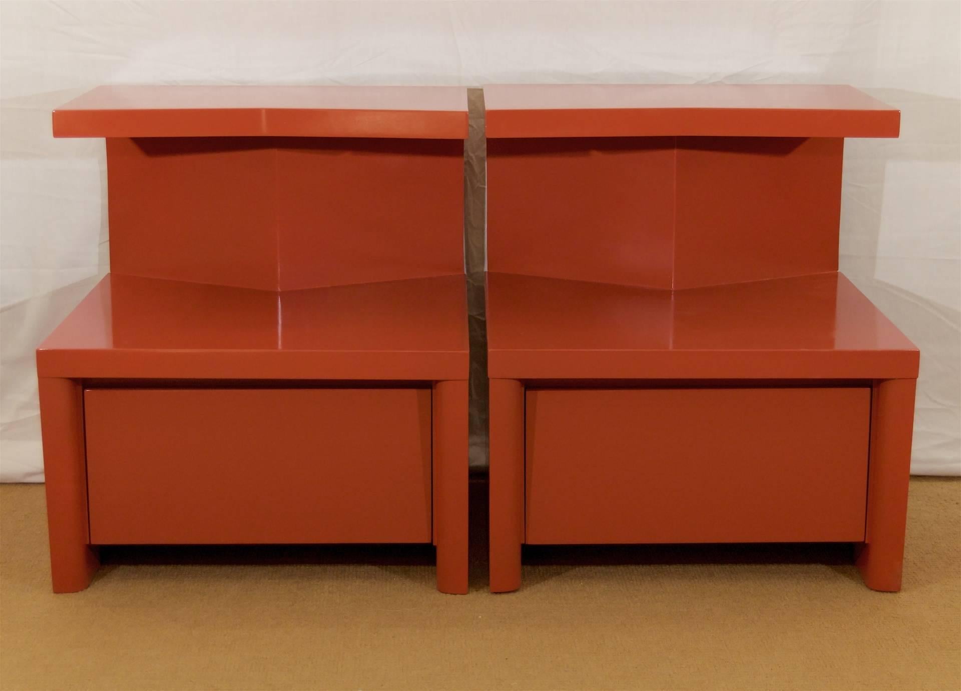 American Pair of Cantilevered Red Lacquer Nightstands