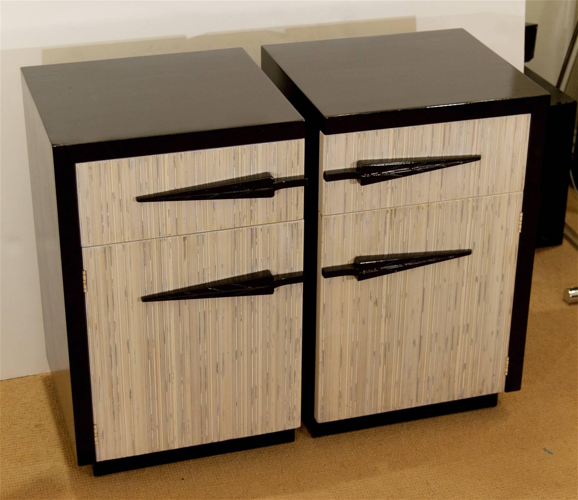 American Pair of Black Lacquer and Bamboo/Reed Style Midcentury Nightstands