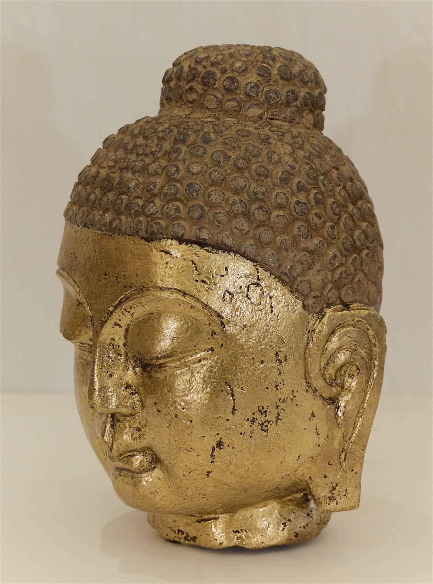 20th Century Carved Stone Gilt Buddha Head