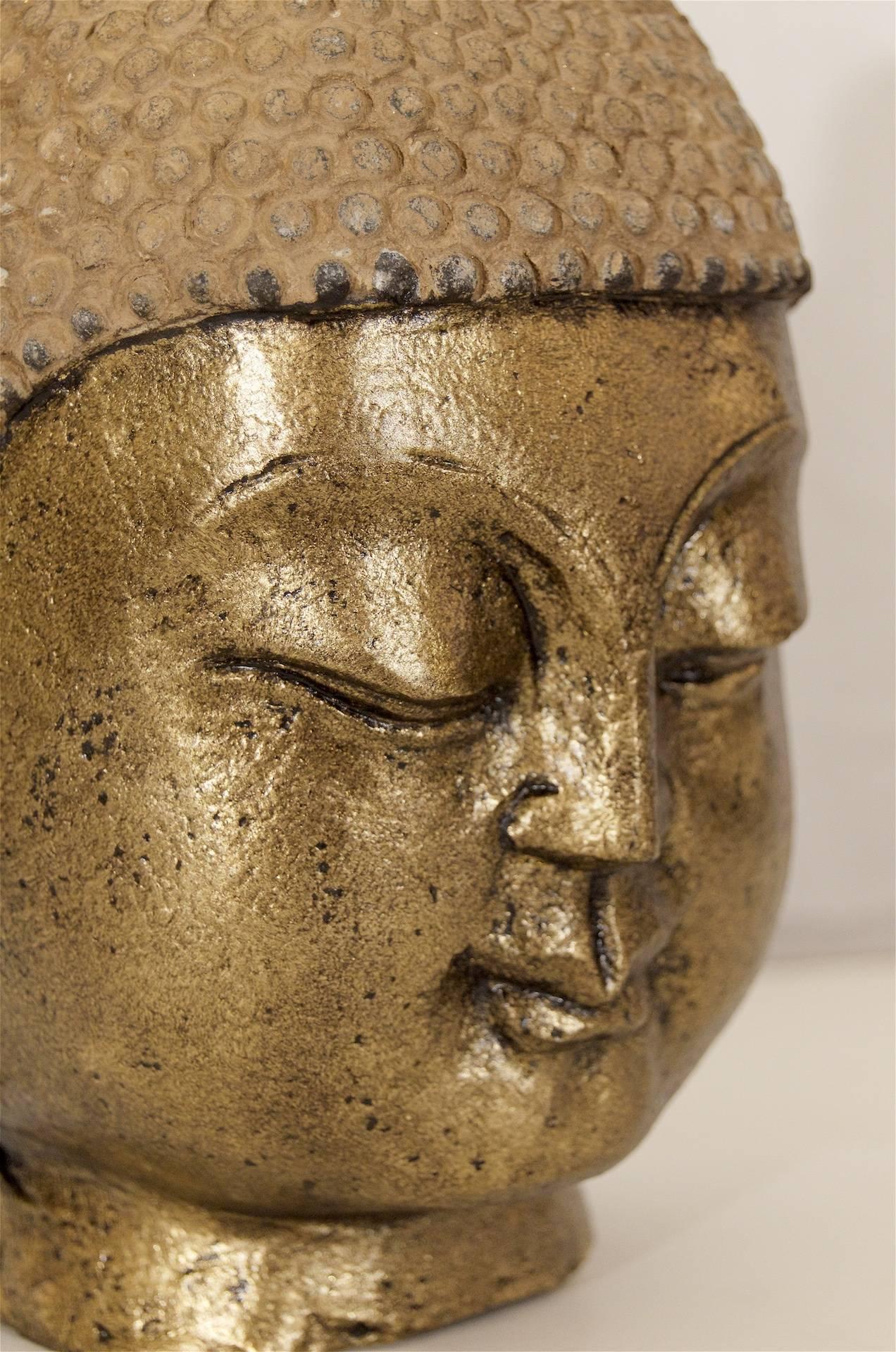 Carved Stone Gilt Buddha Head For Sale 1