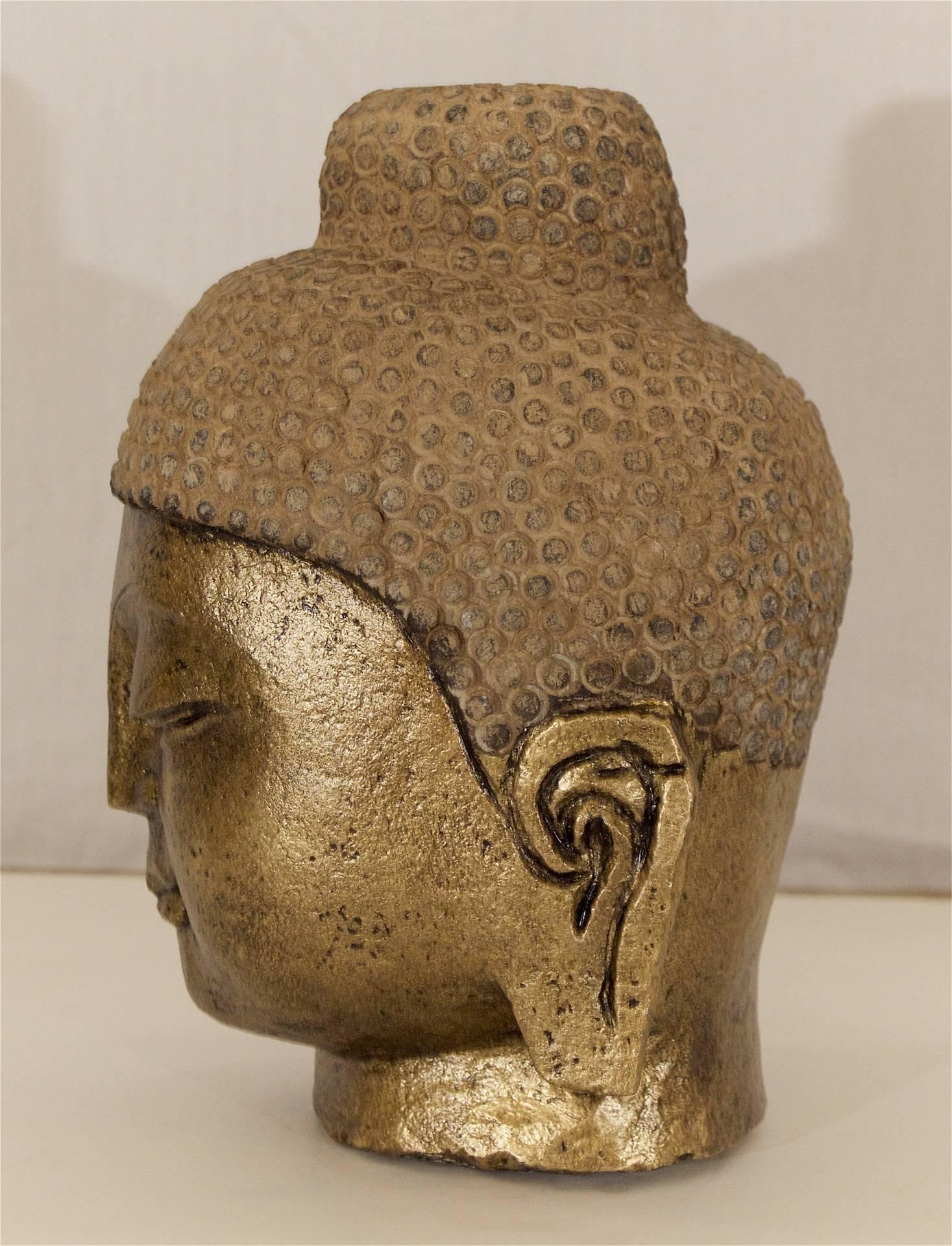 Carved Stone Gilt Buddha Head In Excellent Condition For Sale In Stamford, CT