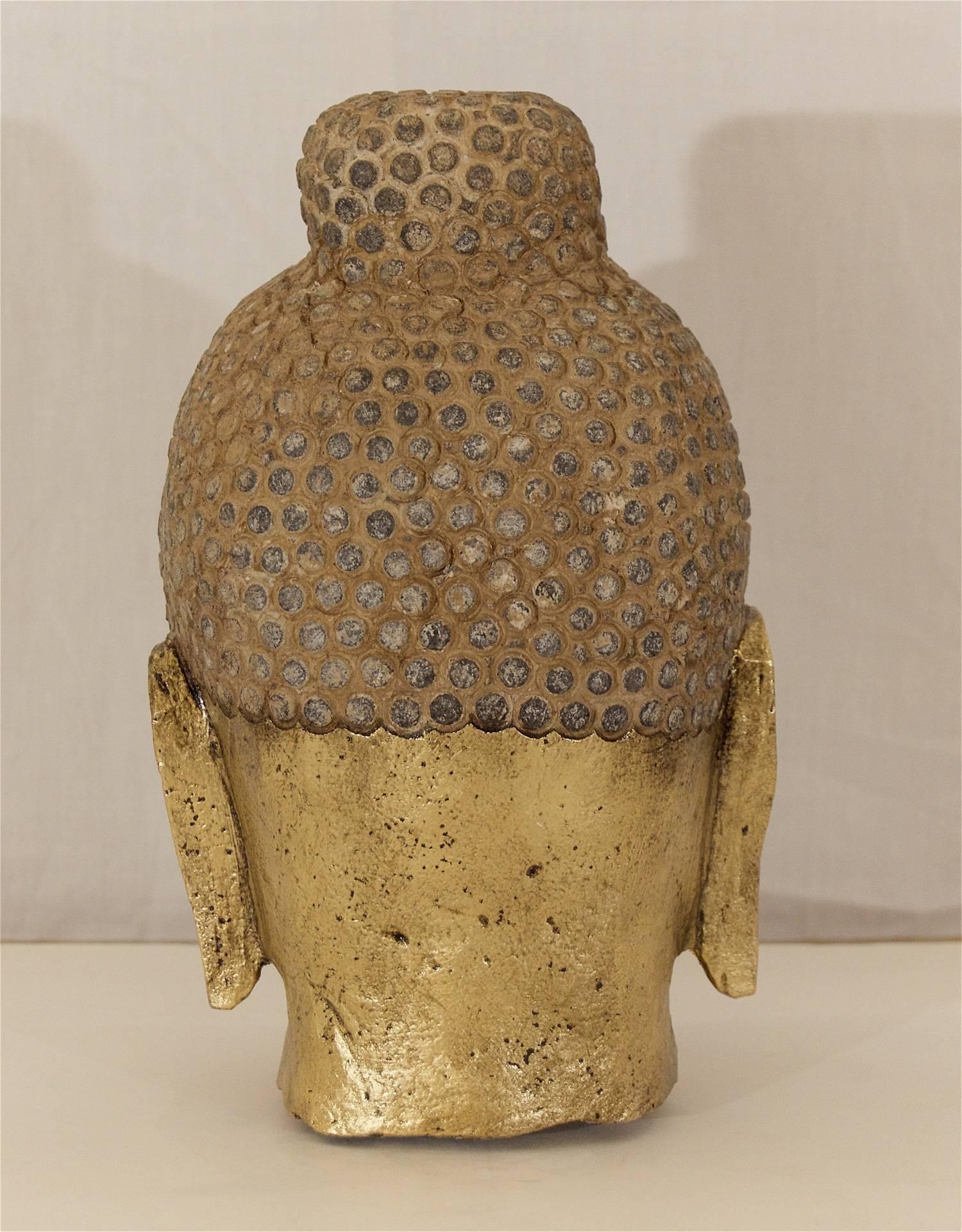 Carved Stone Gilt Buddha Head In Excellent Condition For Sale In Stamford, CT
